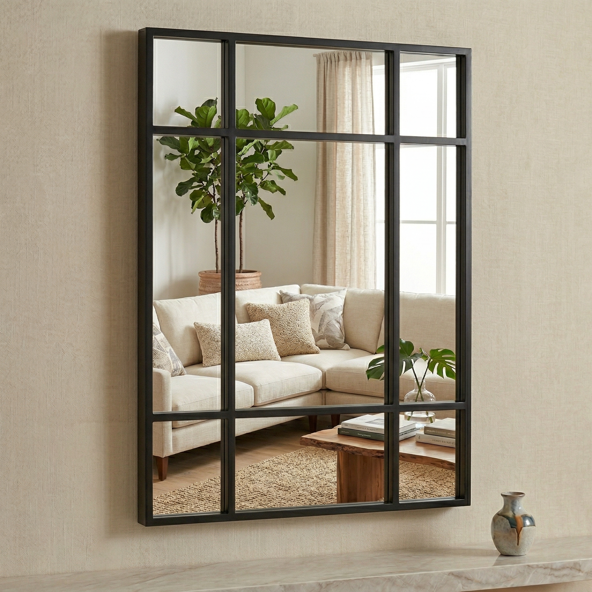 Espejo de Pared Estilo Ventana Industrial 90x60 cm | Marco de Meta | Diseño Cuarterones Moderno para Baño, Salón o Recibidor | Instalación Vertical y Horizontal