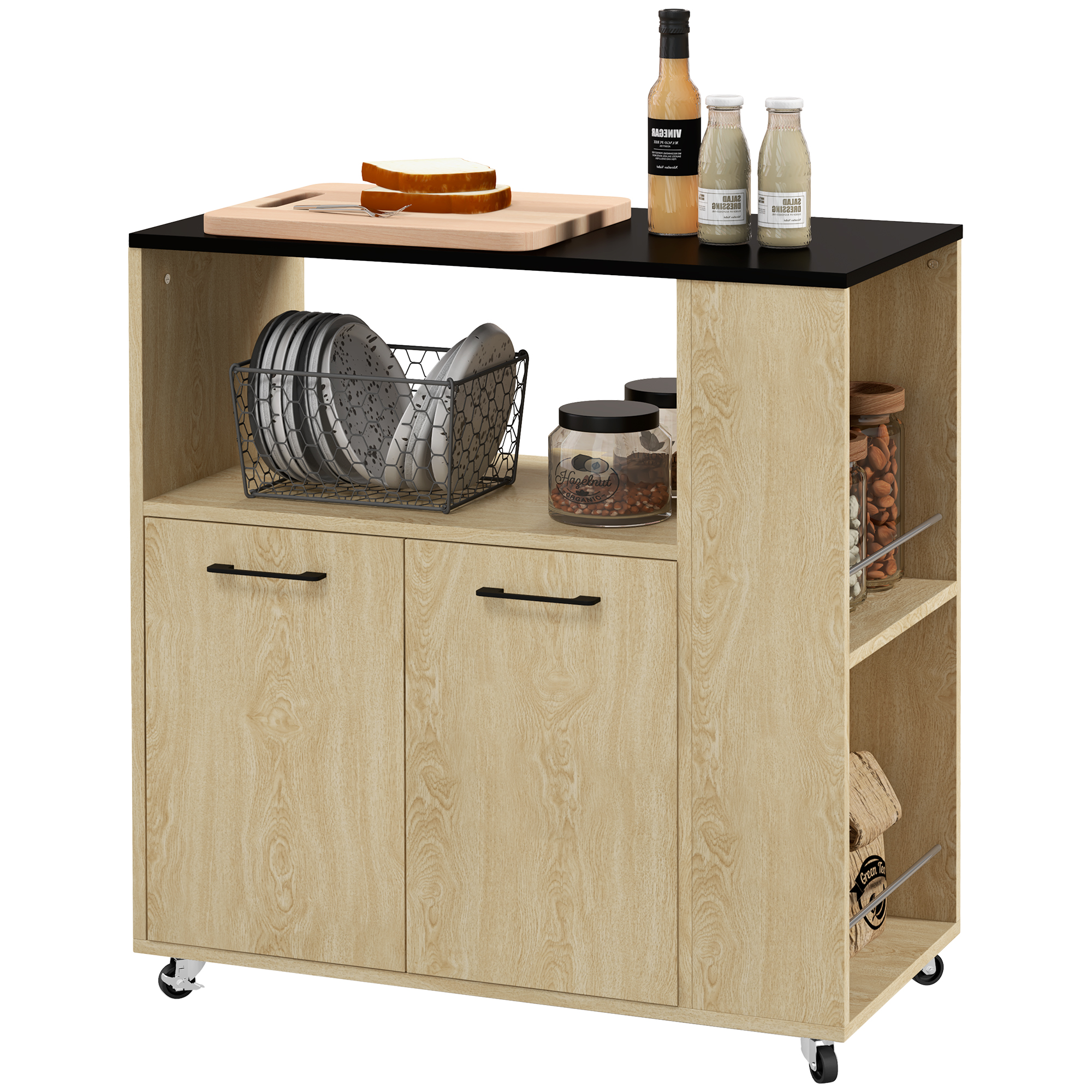 HOMCOM Carrito Auxiliar con Ruedas, Carrito de Cocina con 2 Puertas, Estante Ajustable, Especieros, para Comedor, 75x40x80,5 cm