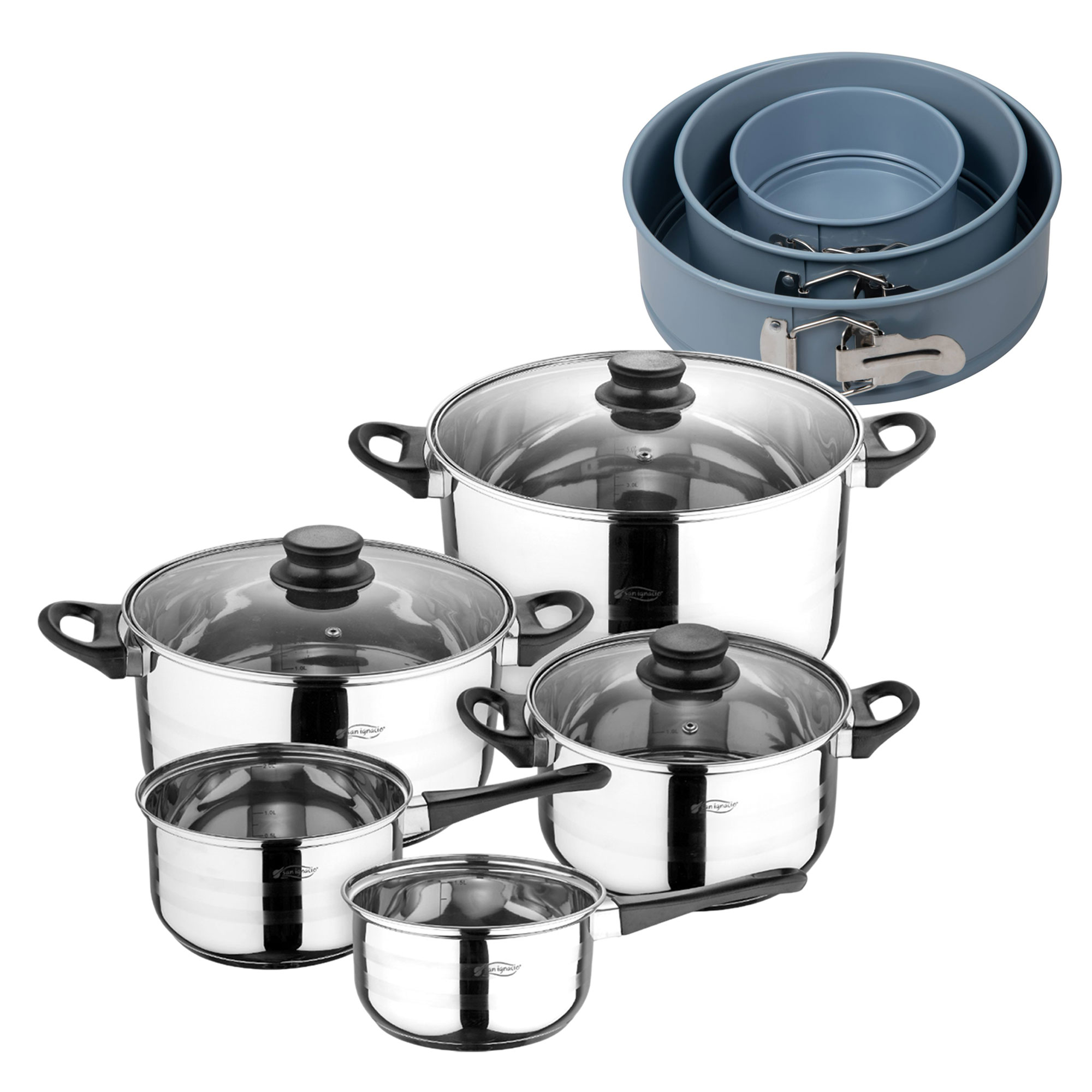 Batería de cocina de ocho piezas San Ignacio+  Delantal de Cocina Gris oscuro 100% Algodón 75x80cm de talla única SMART MasterPRO