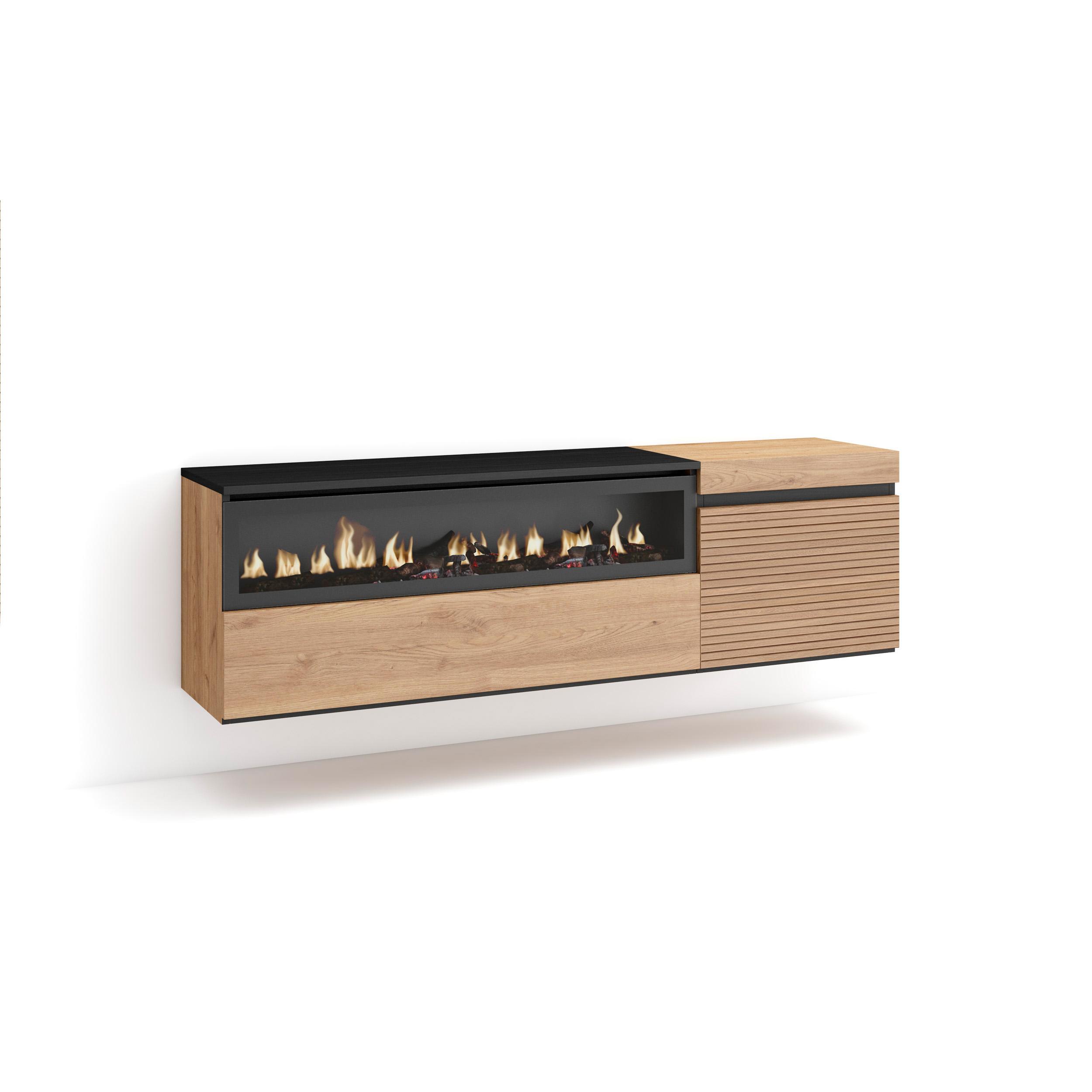 Skraut Home, Mueble TV con dos puertas, 150x45x35cm, Chimenea Eléctrica led, Colgado, Suspendido, color Roble