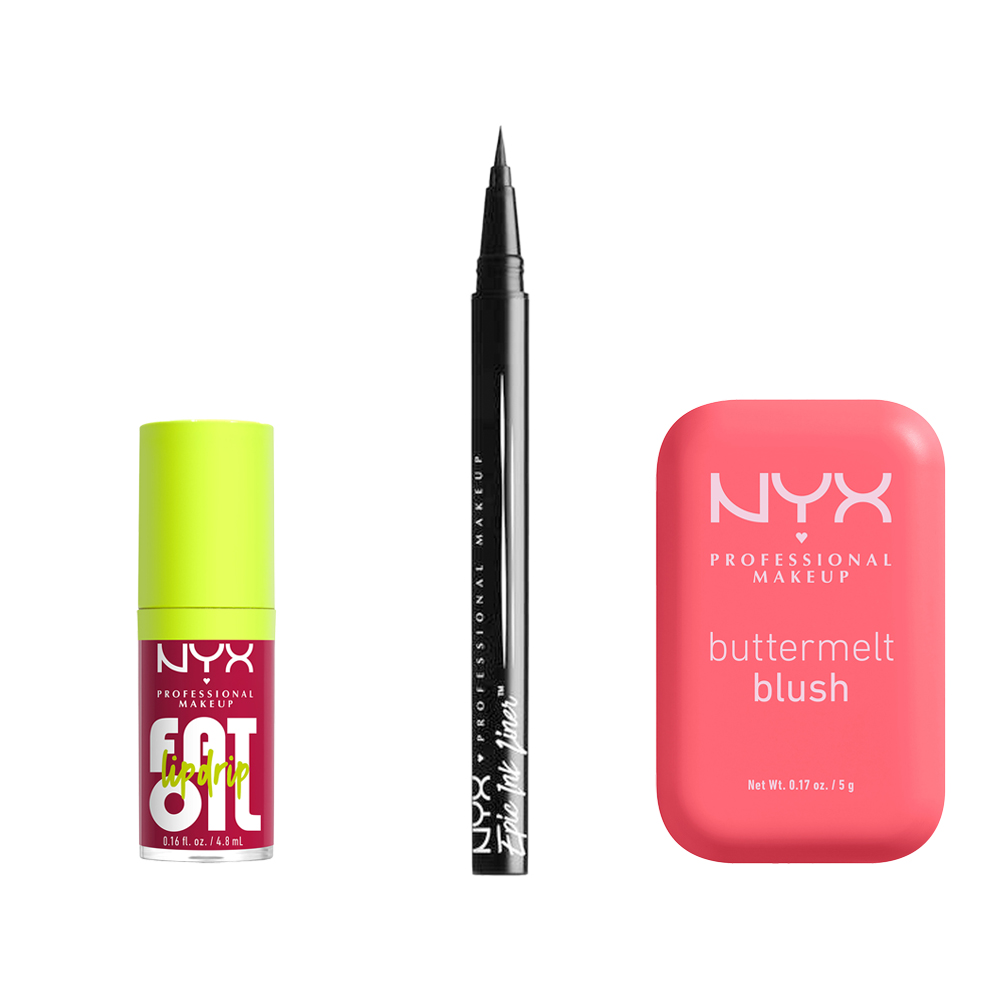 NYX Professional Makeup | Set rutina de Aceite Labial Fat Oil + Eyeliner Epic Ink Liner Black + Buttermelt Blush