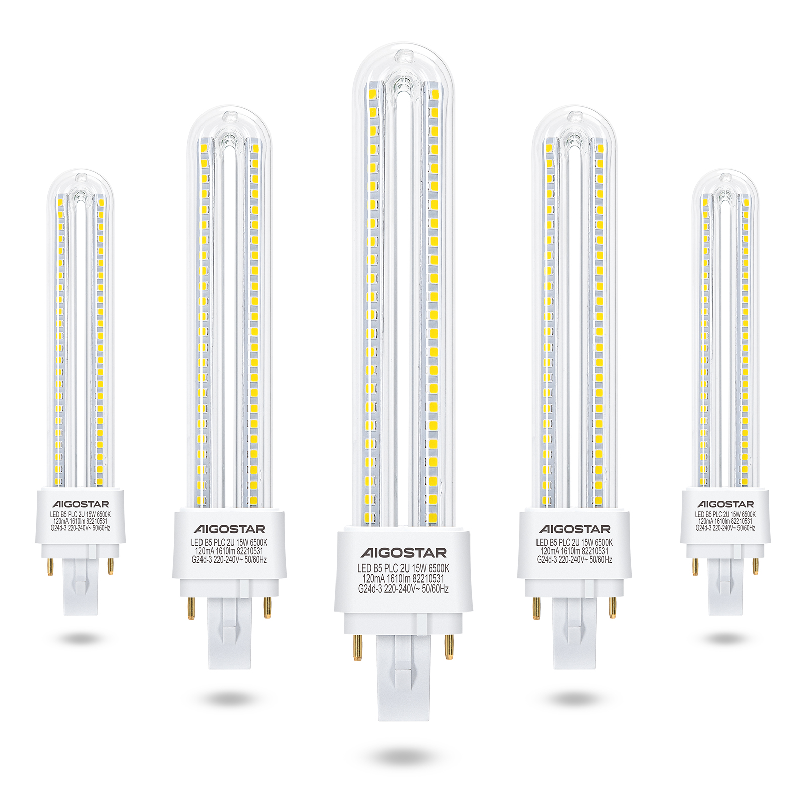 Aigostar Pack de 5 Bombillas LED PLC 2U, tubo de 11W/12W/15W, Maiz G24d-3, 2 Pines, Luz fría 6500K, No regulable
