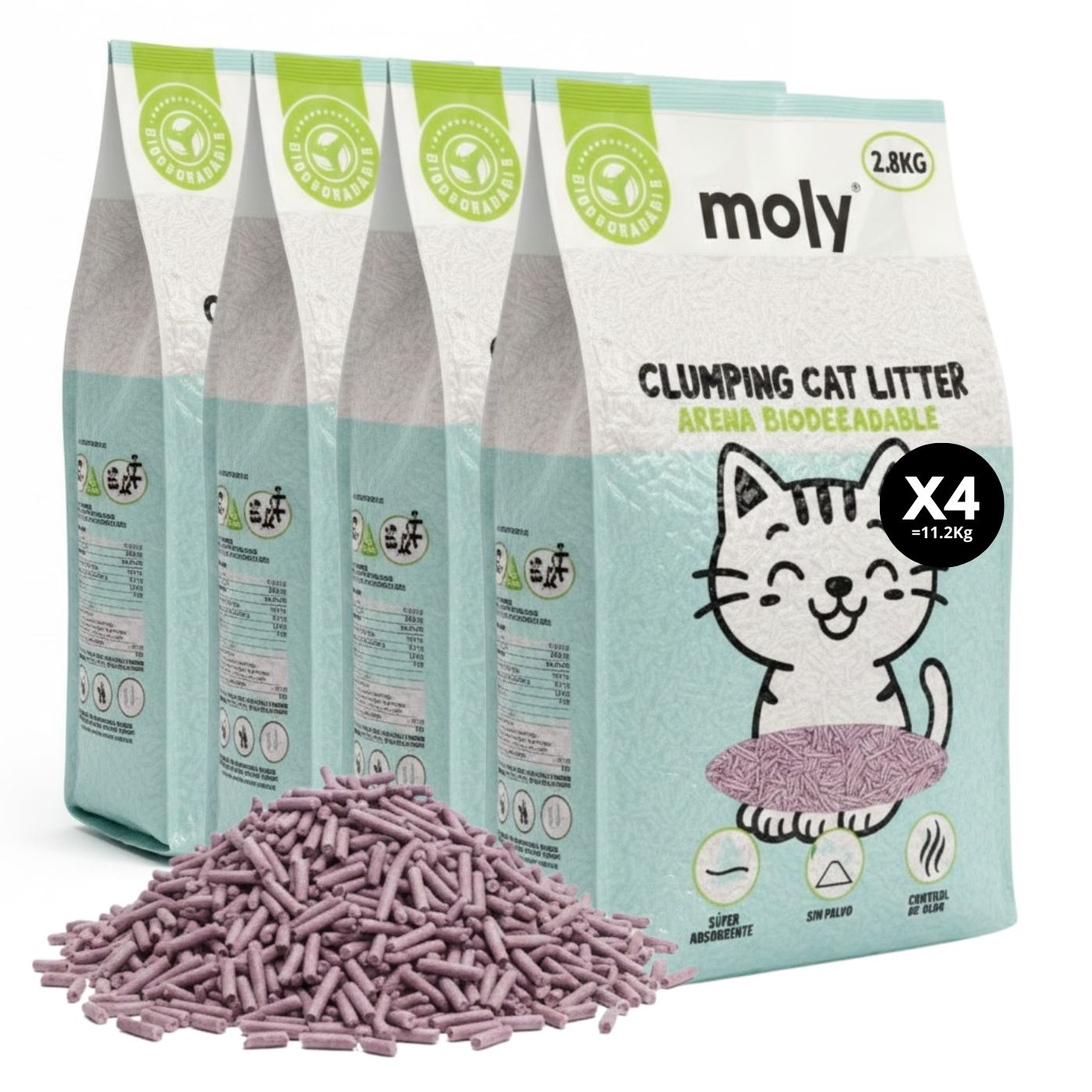 Moly Arena Tofu Para Gatos Alto Poder Aglomerante Mezcla de Pellet de Maiz Sin Polv0-11.2 Kilos