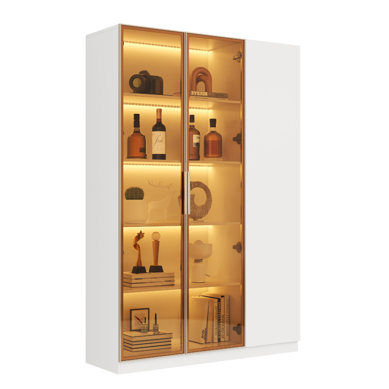Vitrine blanche 165 cm à trois portes avec éclairage LED, portes vitrées et étagères réglables