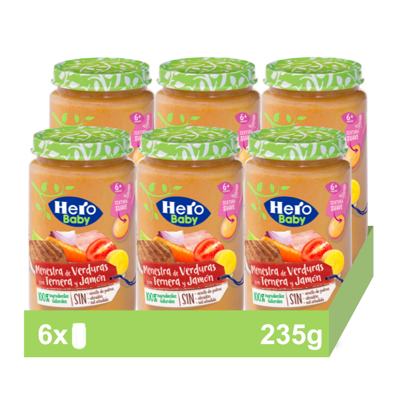 Hero - Hero Baby Pack Tarritos de Menestra de Verduras con Ternera y Jamón. Para Bebés de a Partir de los 6 meses. Pack 6x235gr