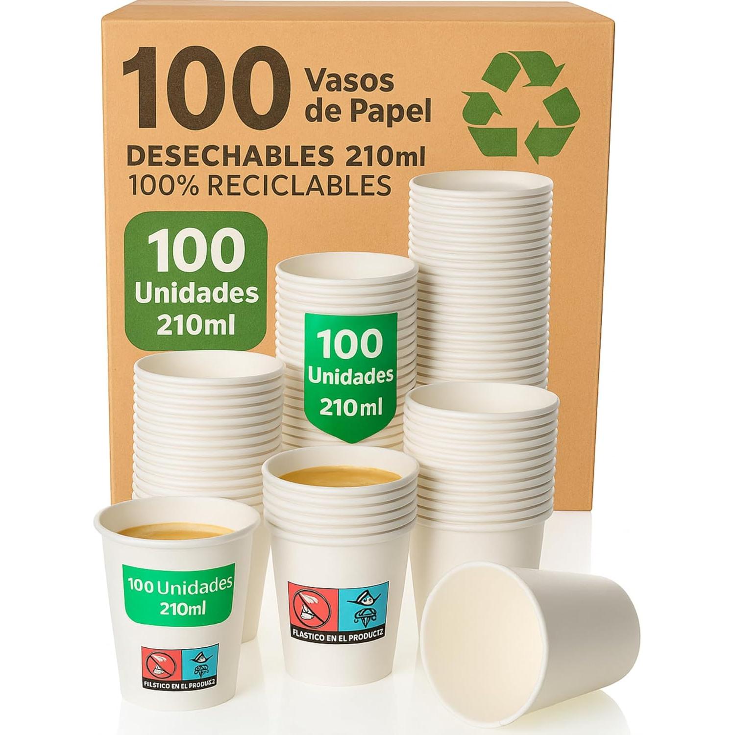 Vasos de Cafe - Vasos de Papel Desechables 210ml Blancos - 100 VASOS - Resistentes y a prueba de fugas - Vasos Desechables para Café, Té y Bebidas Frías - Sin Olores - Vasos Desechables