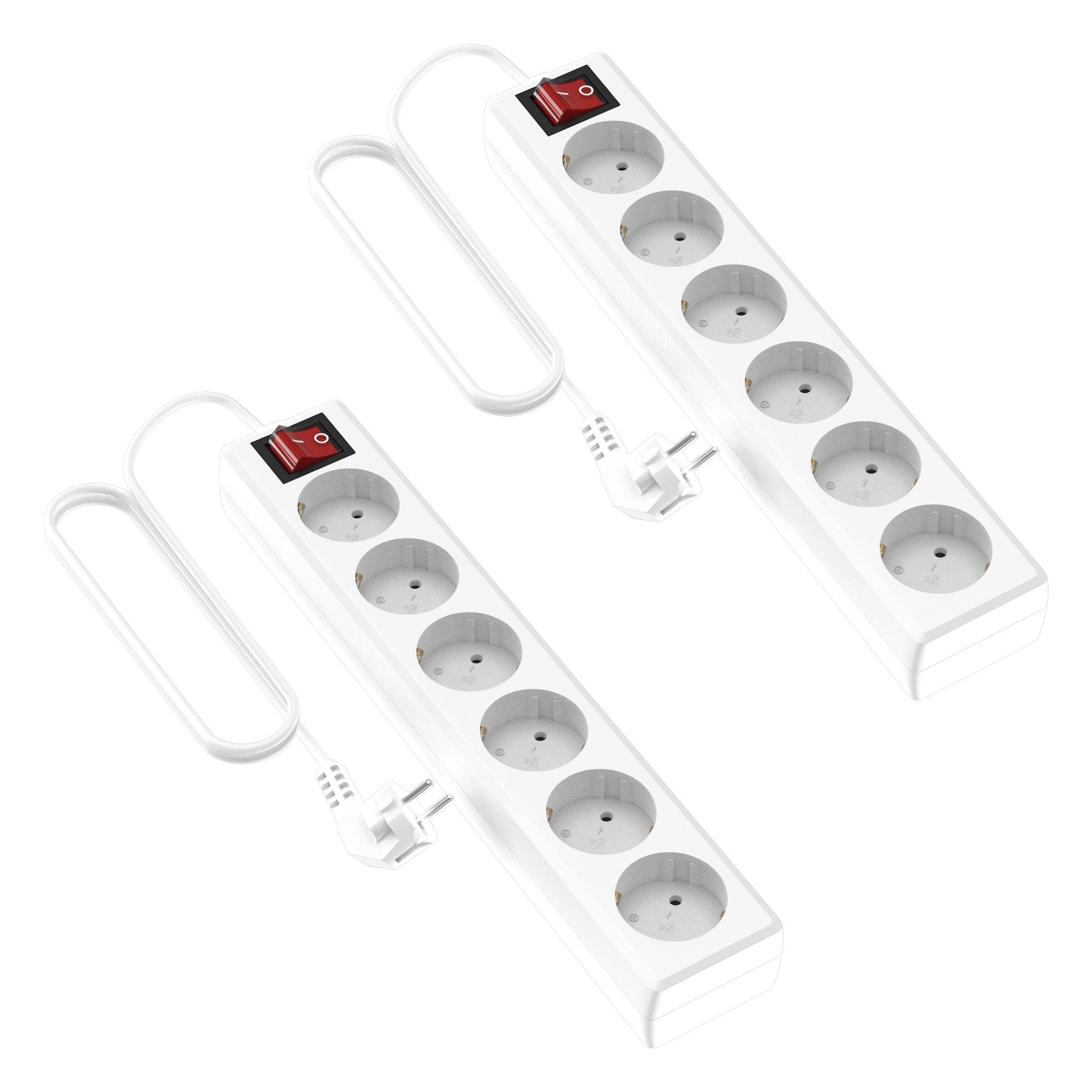 Garza - Pack de 2 Regletas de 6 enchufes con interruptor y toma de tierra | Ladrón múltiple de 1.4 metros | Hasta 3680W | Protección infantil |Cable H05W-F 3G | Color blanco