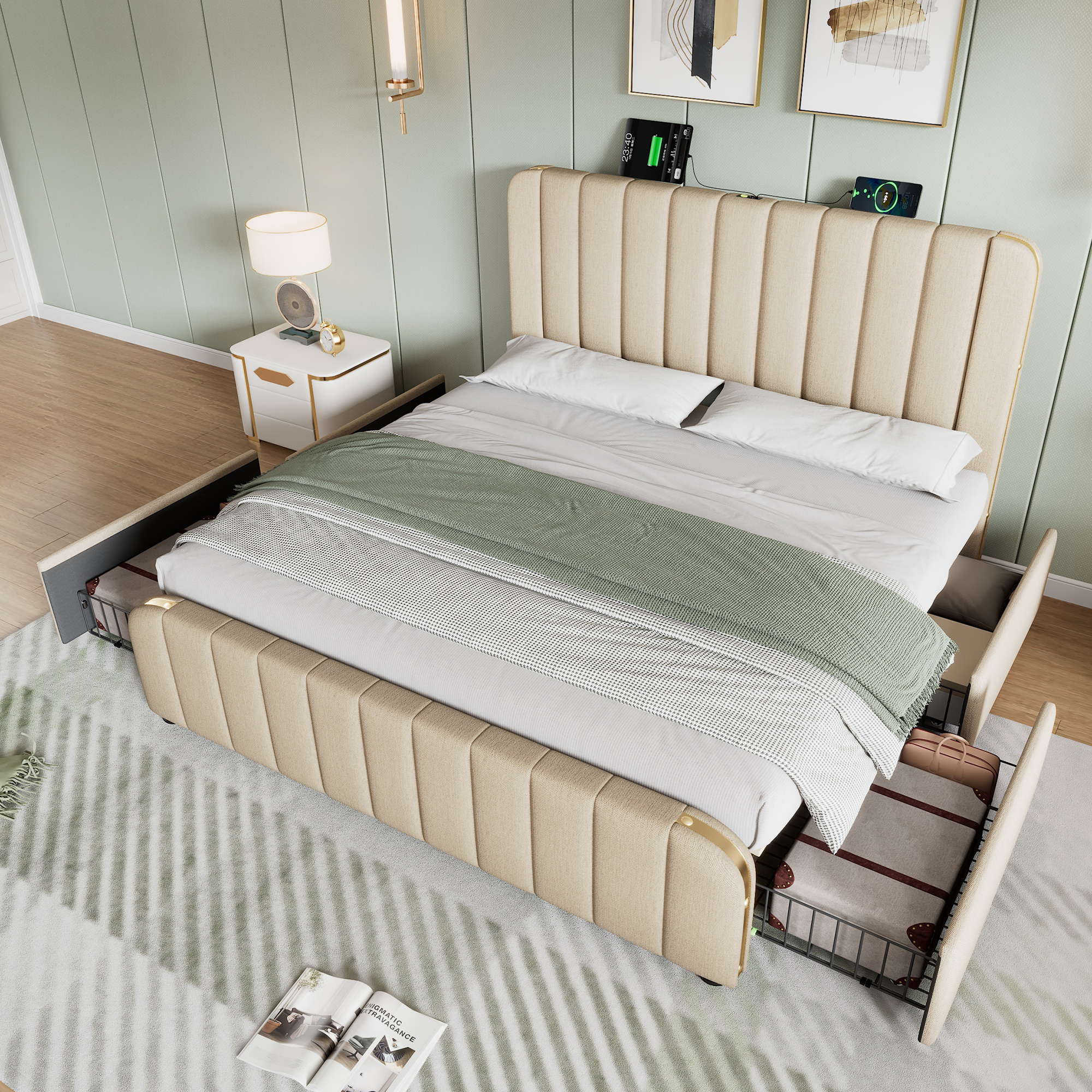 Lit rembourré beige 140 x 190 cm avec 4 tiroirs et ports USB Type-C