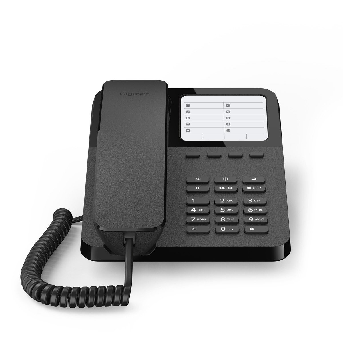 Gigaset Desk 400 - Teléfono con Cable con cordón elástico - Espacio para 10 entradas de marcación rápida - Rellamada - Compatible con audífonos - Marcación DTMF o por pulsos Ajustable, Negro