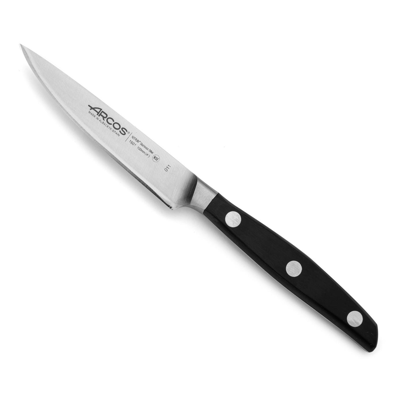 Arcos Cuchillo Pelar Forjado Acero Inoxidable - Cuchillo Profesional Cocina Afilado para Frutas y Verduras, Mango Ergonómico POM Negro, Hoja Silk Edge 100mm, Serie Manhattan