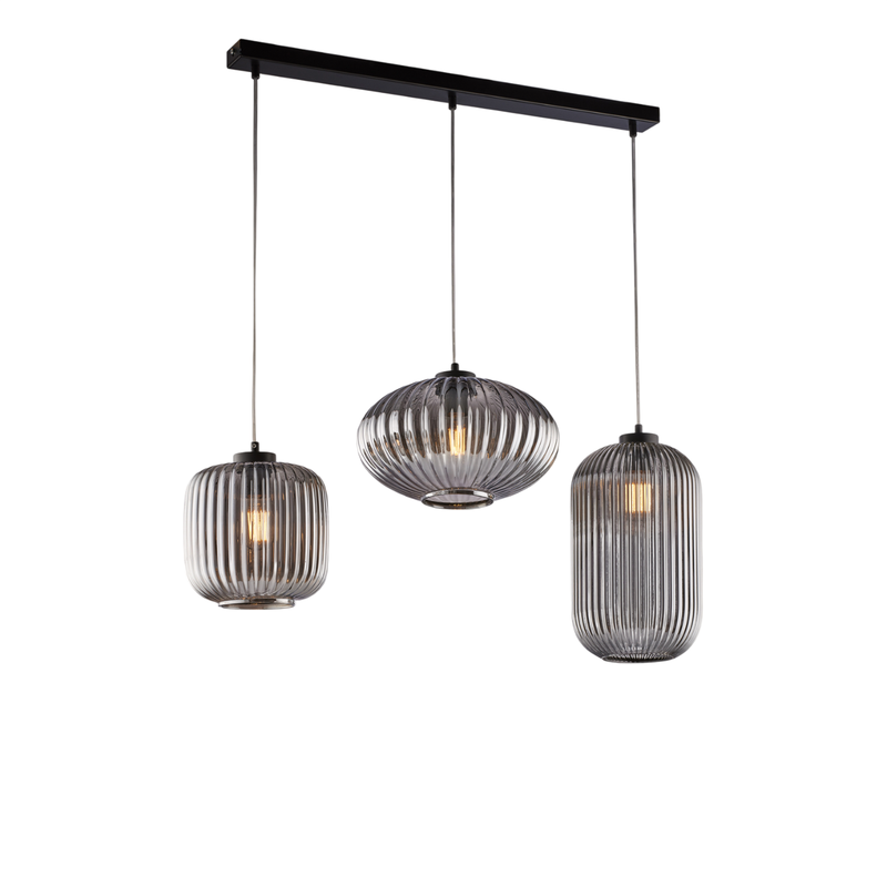 Carril Glamour de hierro lacado en negro con cables orientables y difusores de cristal soplado gris espejado con dec. Forro en relieve de 3 luces - Belight