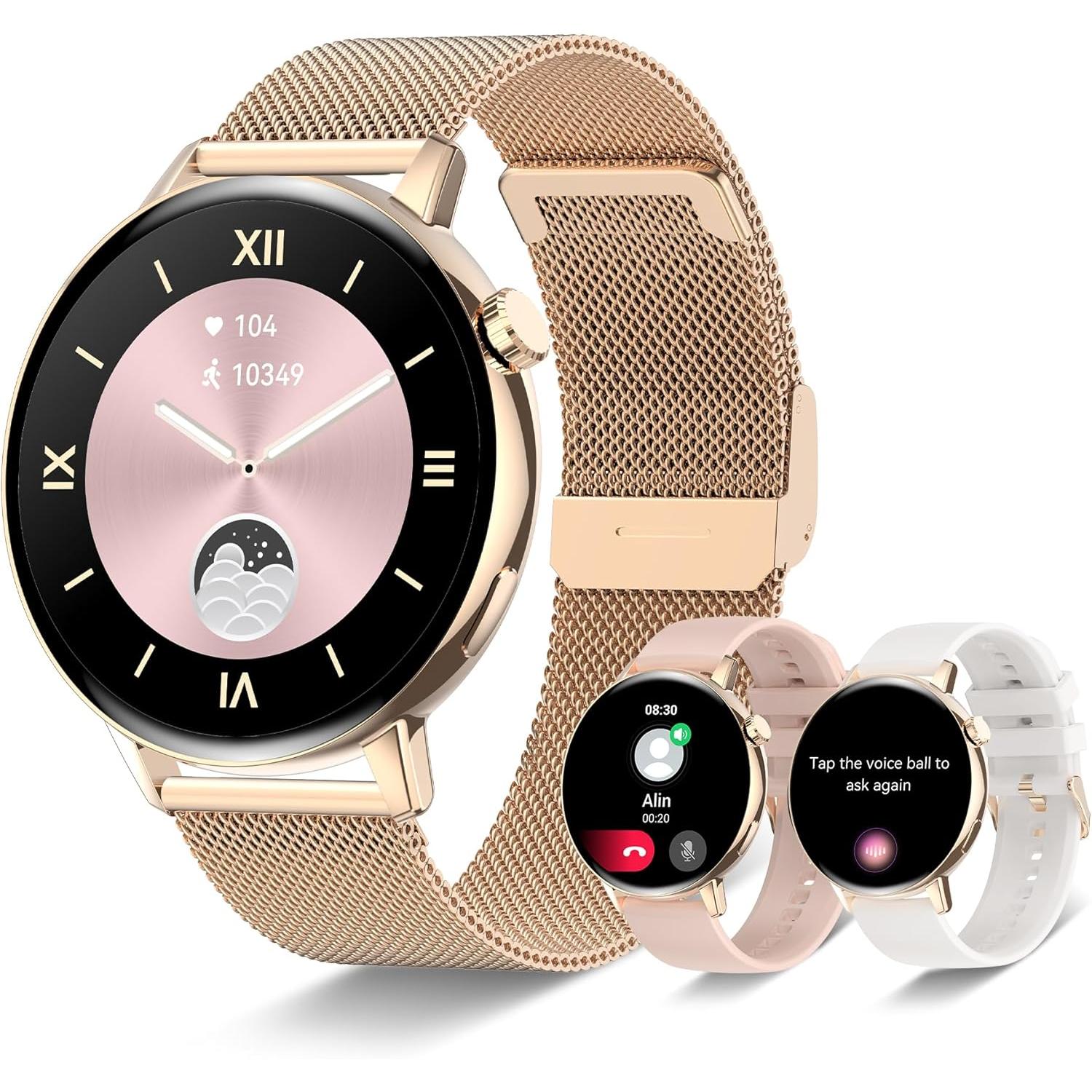 Popglory Reloj Inteligente Mujer,2026 Llamadas/Presión Arterial/100+ Deportes Smartwatch Mujer, Frecuencia respiratoria Frecuencia Cardíaca Oxígeno en Sangre Sueño, Reloj Mujer Android iOS