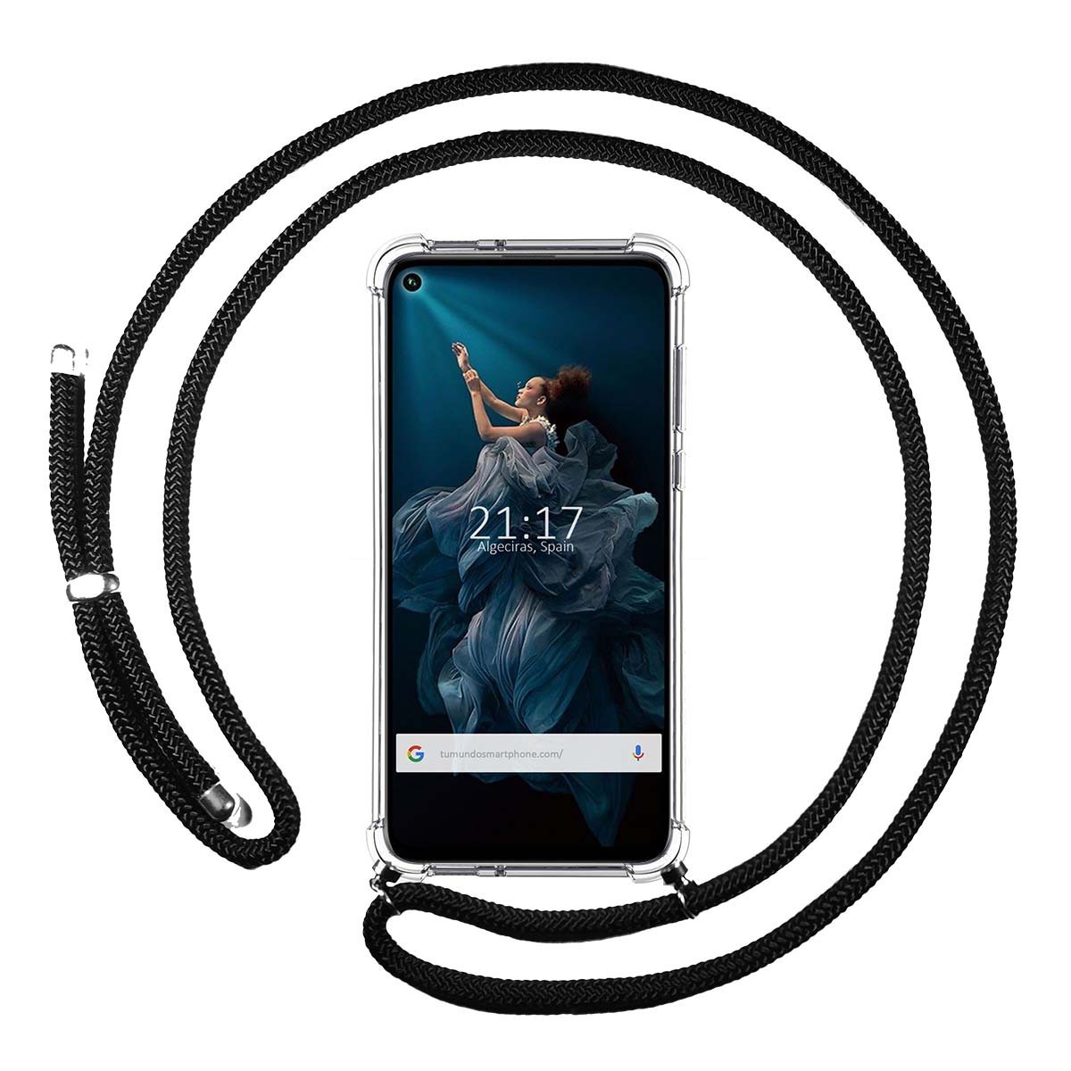 Tumundosmartphone Funda Colgante Transparente para Huawei Honor 20 Pro con Cordon Negro