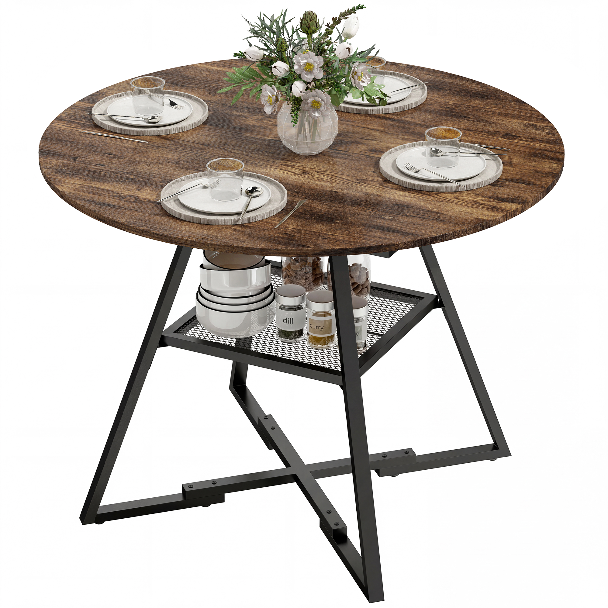 HOMCOM Mesa de Comedor Redonda, Mesa de Cocina para 4 Personas con Estante, Marco Metálico, para Sala de Estar, Ø100x76 cm, Marrón Rústico