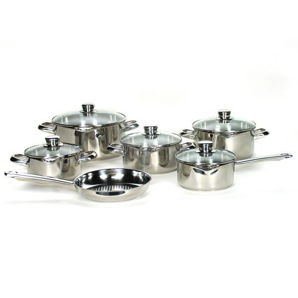 Batería de cocina en acero inoxidable 18/10 (11 piezas) Niagara, 4 cazuelas (16 cm, 18 cm, 20 cm y 24 cm), 1 cazo (16 cm), 1 sartén grill (20 cm), 5 tapas CRC Baterías de cocina  CRC menaje