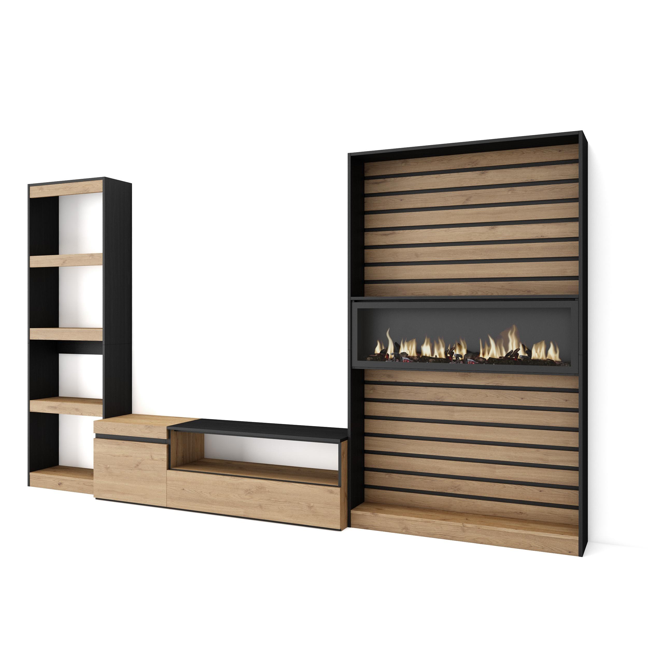 Skraut Home - Conjunto de muebles de Salón - Estantería y organización - Mueble TV - Fuego XXL led efecto 3d - Veteado de madera - Tacto poroso de alta calidad - Estilo Moderno - Medidas totales 320x35x186cm