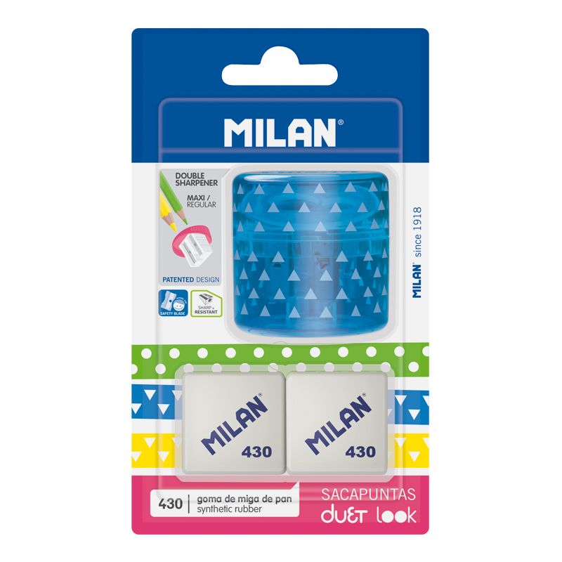 MILAN Blíster Sacapuntas DUET Look azul + 2 gomas 430
