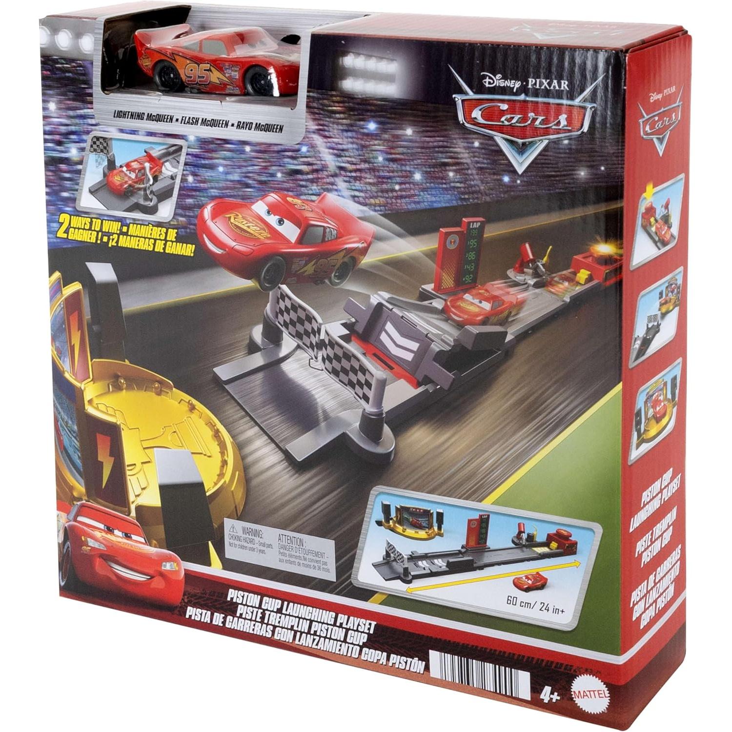 Mattel Disney Pixar Cars Pista de acrobacias y saltos Copa Pistón Conjunto de juego con vehículo de Rayo McQueen, más de 50,8cm de largo, dos formas de jugar (JDJ02)