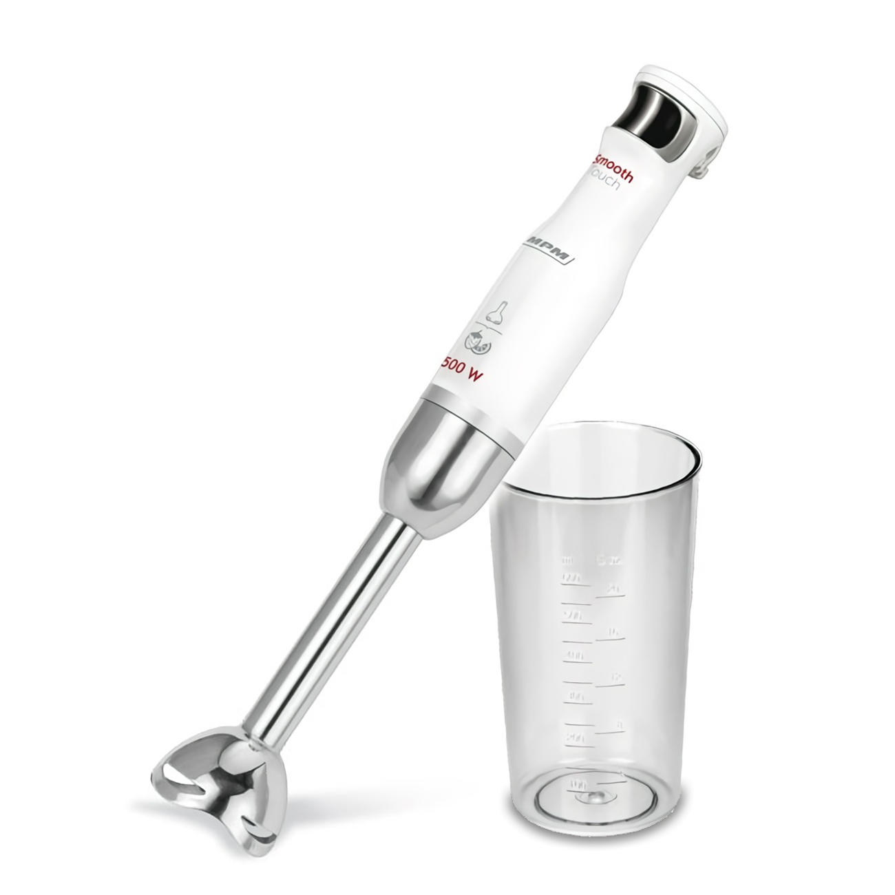 MPM MBL-27 Batidora de Mano Desmontable, Brazo y Cuchillas de Acero Inoxidable, Función Smooth Touch, Vaso 700 ml, 500W, Blanco/Gris
