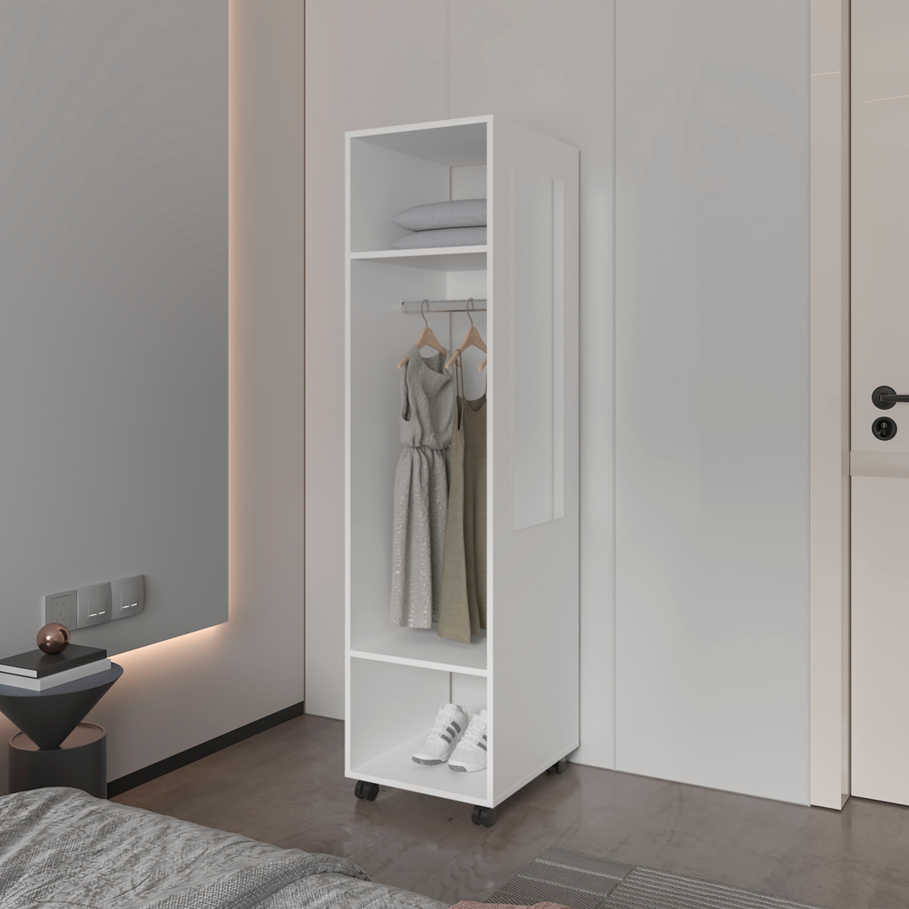 Armario Kronospan en melamina , tres estantes , barra para colgar ropa y espejo incluido , Blanco , 160 cm X 40 cm X 48 cm