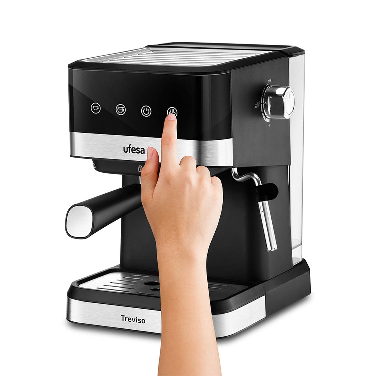 Ufesa - Cafetera Espresso Trevisso para café molido o monodosis con bomba de presión de 20 bares, vaporizador orientable y bandeja calienta-tazas, diseño en acero inoxidable fácil de limpiar