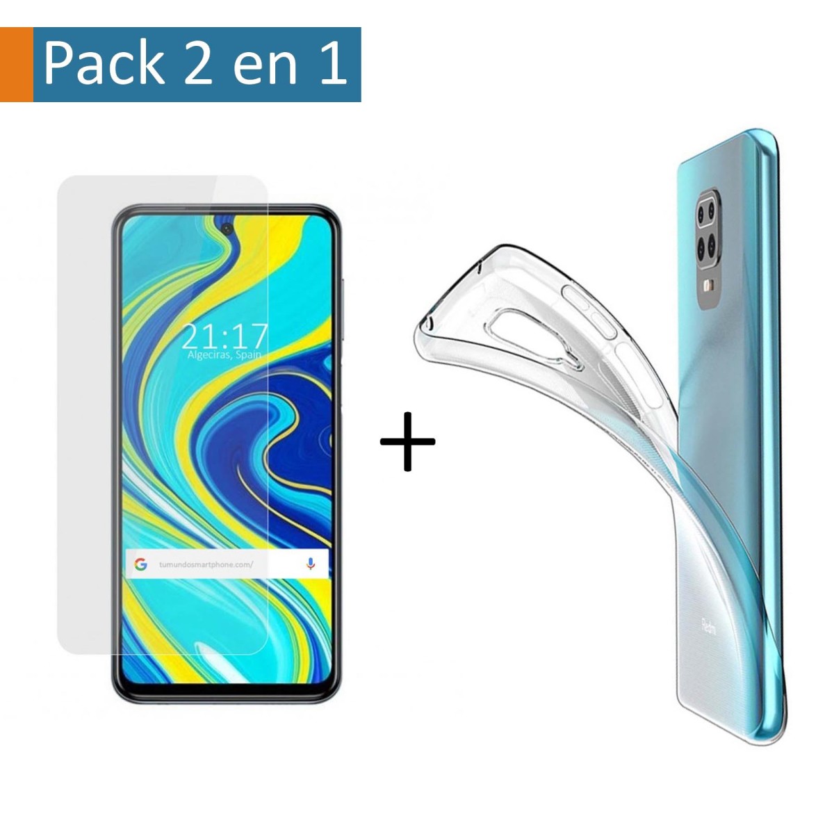 Tumundosmartphone Pack 2 en 1 Funda Gel Transparente + Protector Cristal Templado para Xiaomi Redmi Note 9S / Note 9 Pro - Protección Completa