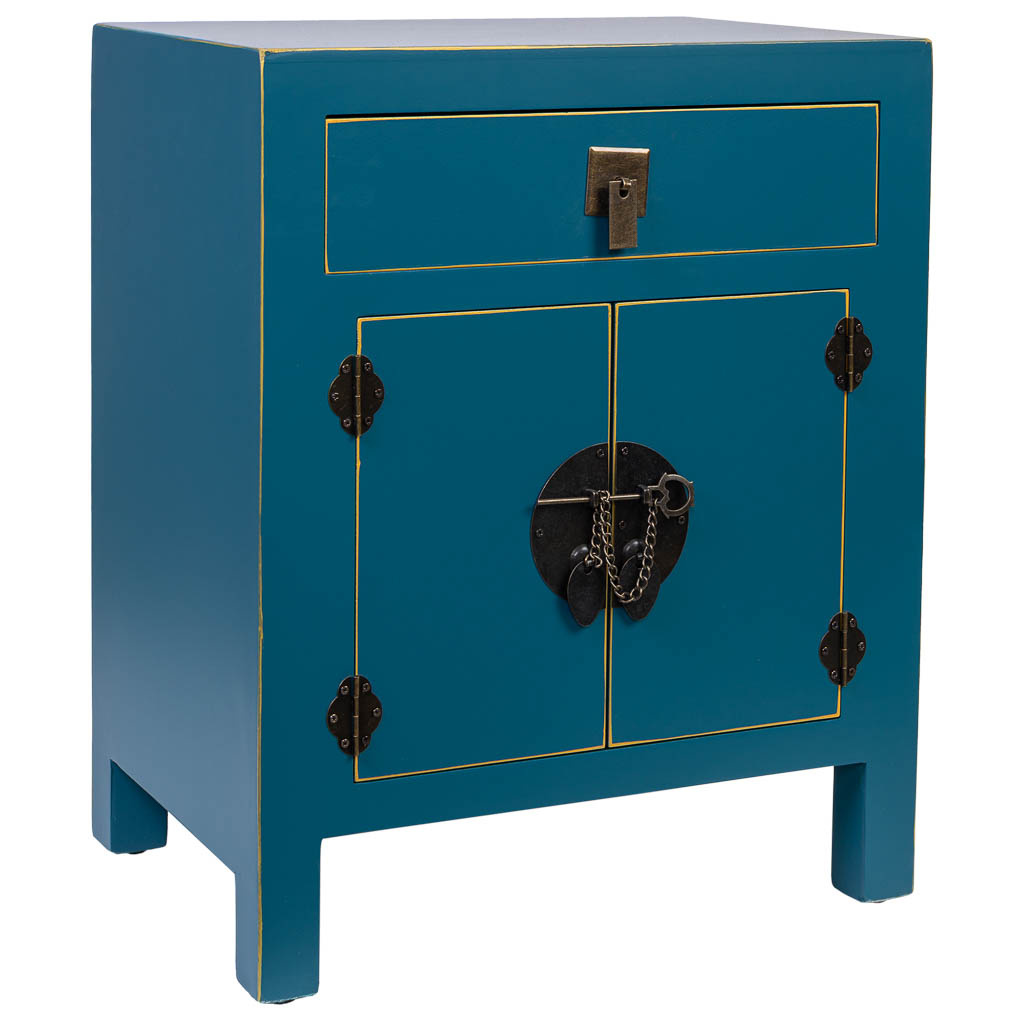 Wonderlust Deco - Mesita de noche de madera con 1 cajon y 2 puertas 44,5x32x55h cm Azul 44,5x32x55h cm