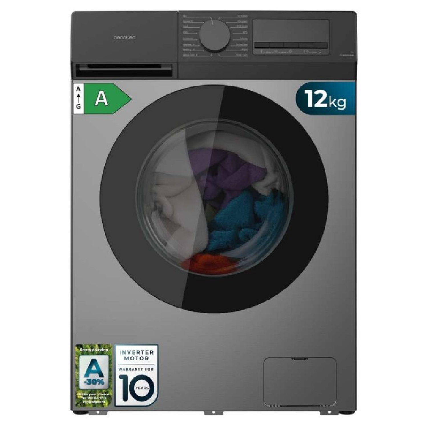 Cecotec Lavadora Carga Frontal 12Kg Bolero DressCode 12450 Inverter Steel, 1400 rpm, 16 programas, Clase A-20%