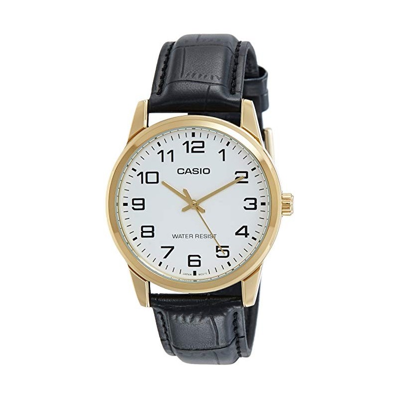 Reloj Casio Caballero MTP-V001GL-7B esfera blanca caja dorada correa piel negra resistente al agua MTPV001GL7B
