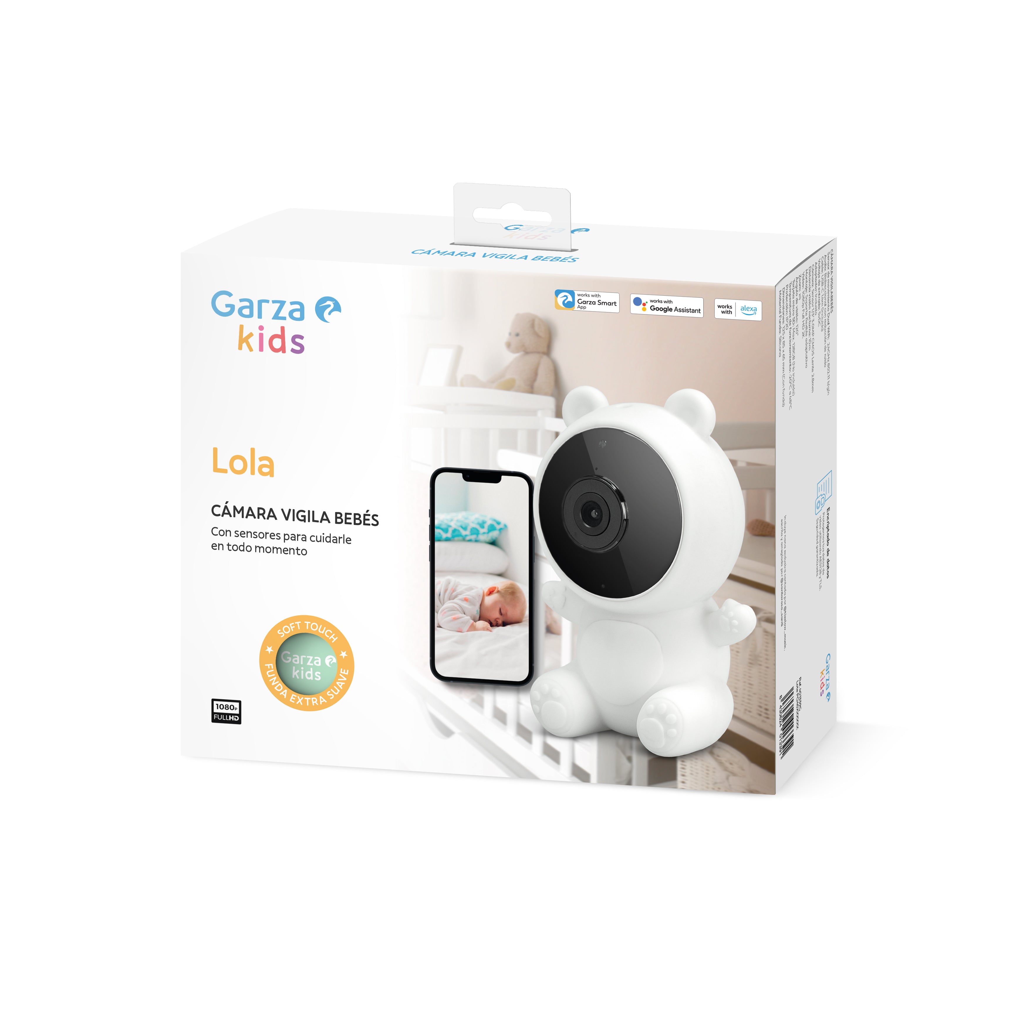 Garza - Cámara vigilancia bebe1080p HD con Sensor de Temperatura, Visión Nocturna, Detección de llantos, Nanas, Ruido Blanco y WiFi 2.4 GHz. (3 Fundas + Soporte)