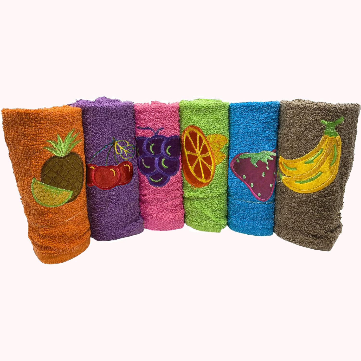 Pack de 6 Paños de Cocina 100% Algodón 48x45 cm – Muy Absorbentes y Duraderos – Toallas de Rizo, Bayetas Suaves con Bordados de Frutas – Trapos Resistentes para Secar, Limpiar y Abrillantar – Sin Colgador