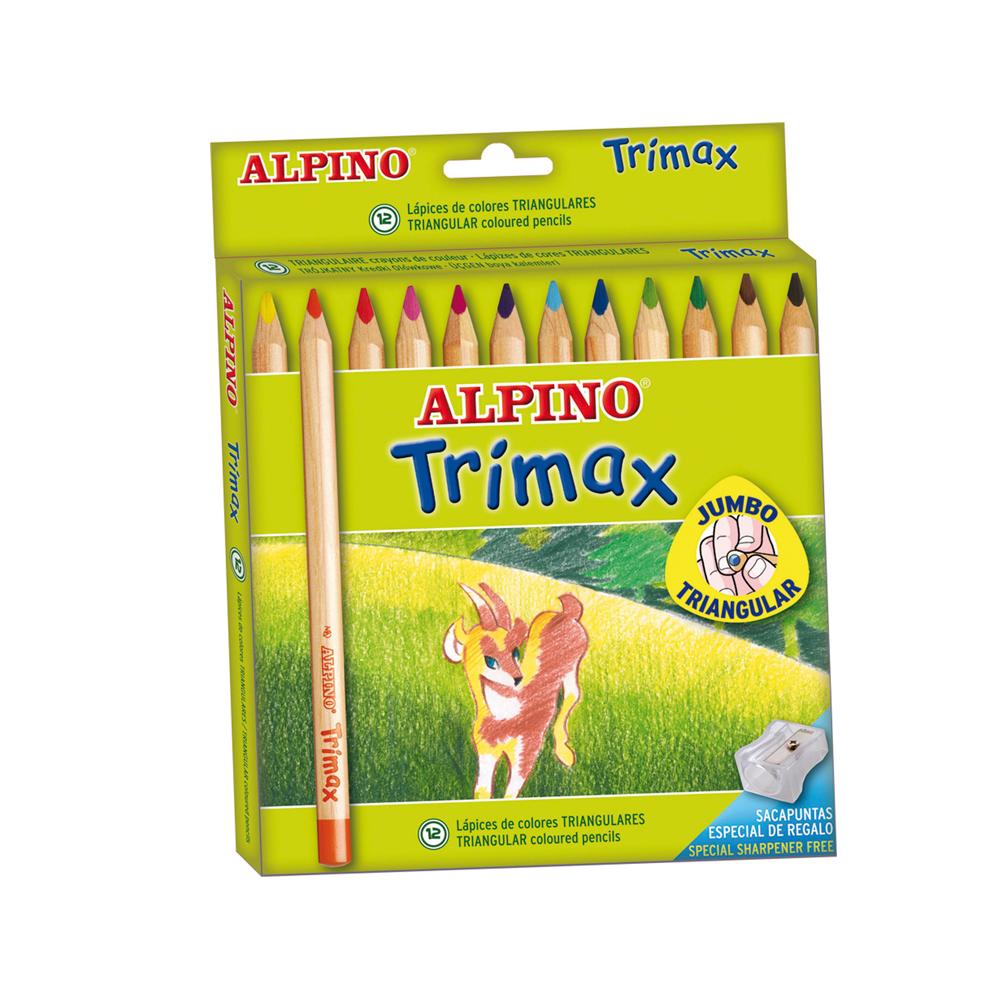 Lápices Alpino TRIMAX - Triangulares y Gruesos (Mina 5.4mm) + Sacapuntas - 12 Colores