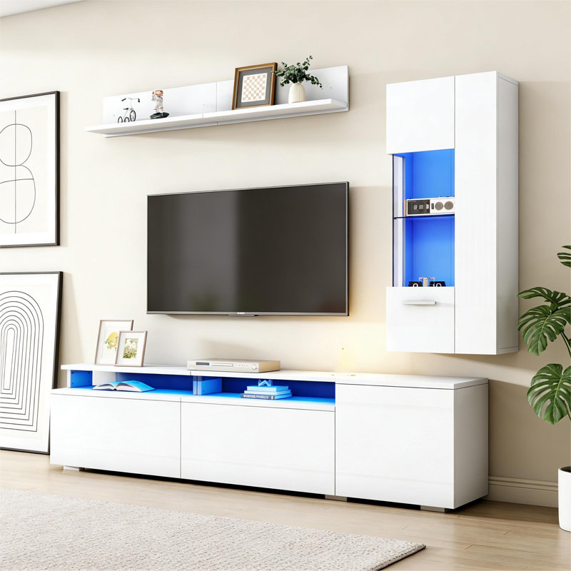 Ensemble meuble TV mural blanc brillant 3 pièces avec vitrine, étagère et éclairage LED