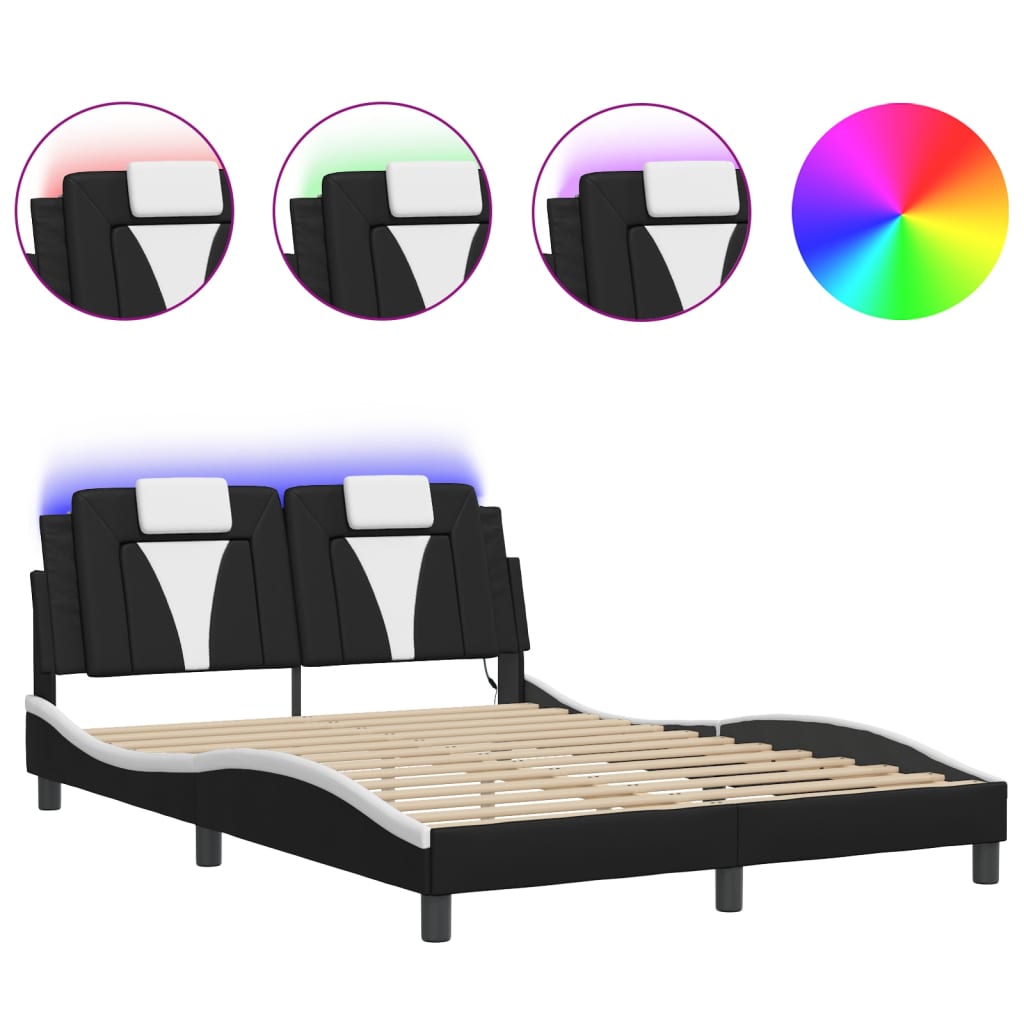 vidaXL Estructura de cama luces LED cuero PE negro y blanco 140x190 cm