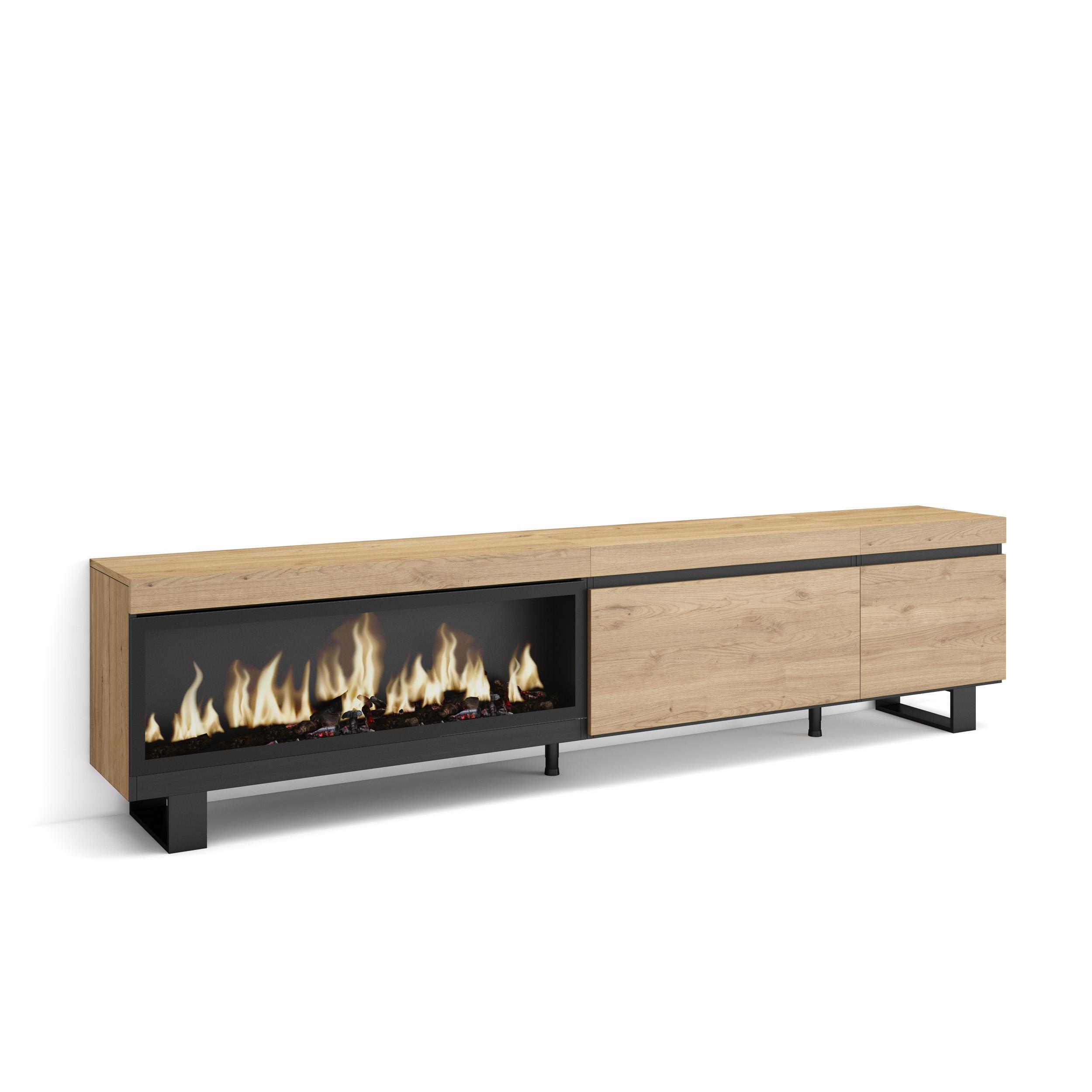 Skraut Home, Mueble TV de salón, 237x35x57cm, Chimenea eléctrica XXL led efecto fuego 3d, Diseño industrial