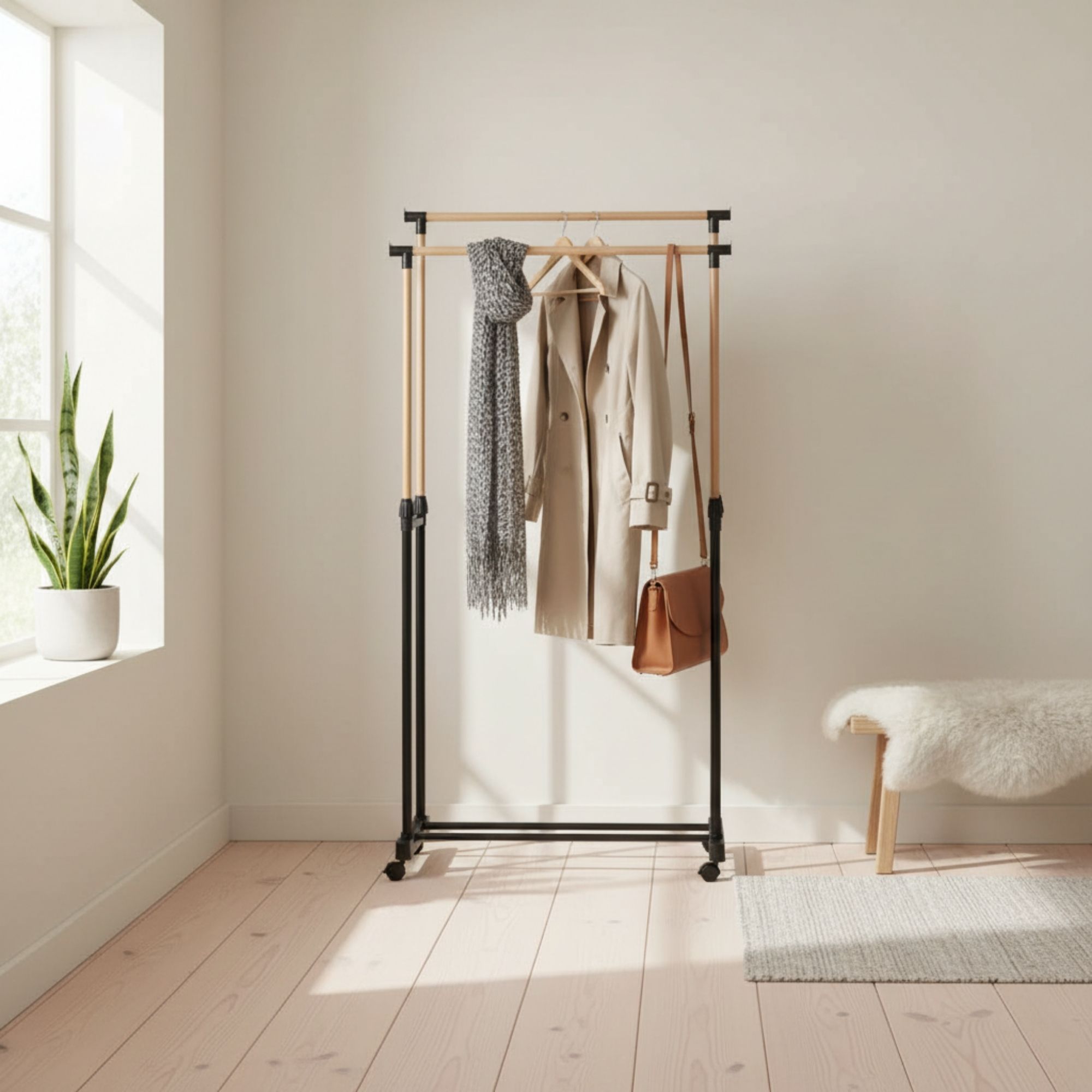 MOBLEKIT | Percheros de Pie y Percheros Extensibles de Metal y Madera, Burros de Ropa con Opciones Ajustables, con Ruedas o Estantes, Organizadores para Dormitorio, Entrada y Hogar