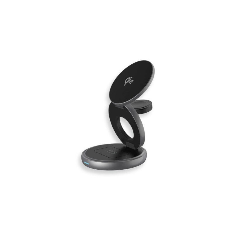 Twist 3-in-1, wireless qi2 charging station for iphone (15w), applewatch (2.5w) & airpods (5w), qi2 certified, magnetic charging pads with stand function, foldable, power adapter 30w, usb-c charging cable 1 m, space gray