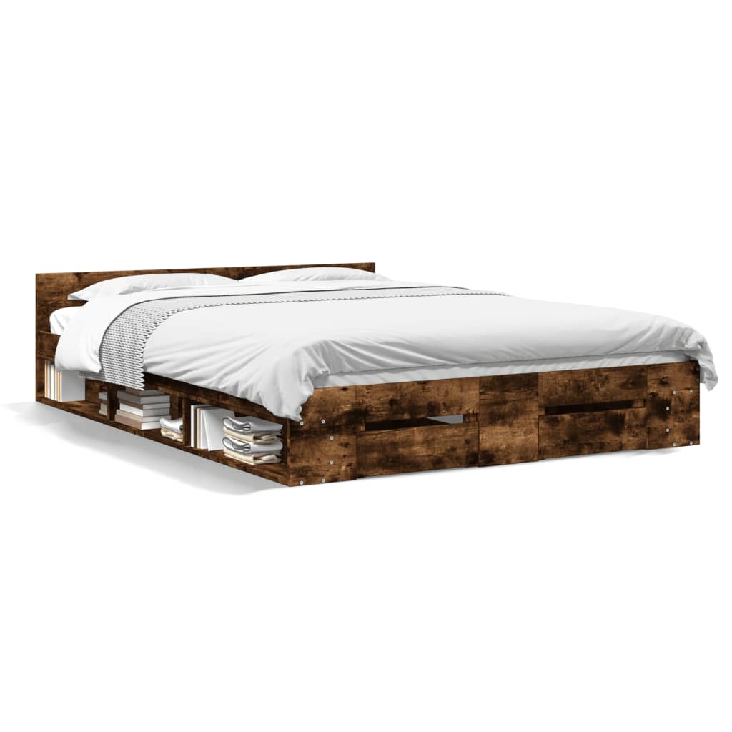 vidaXL Cama con cajones madera de ingeniería roble ahumado 160x200 cm