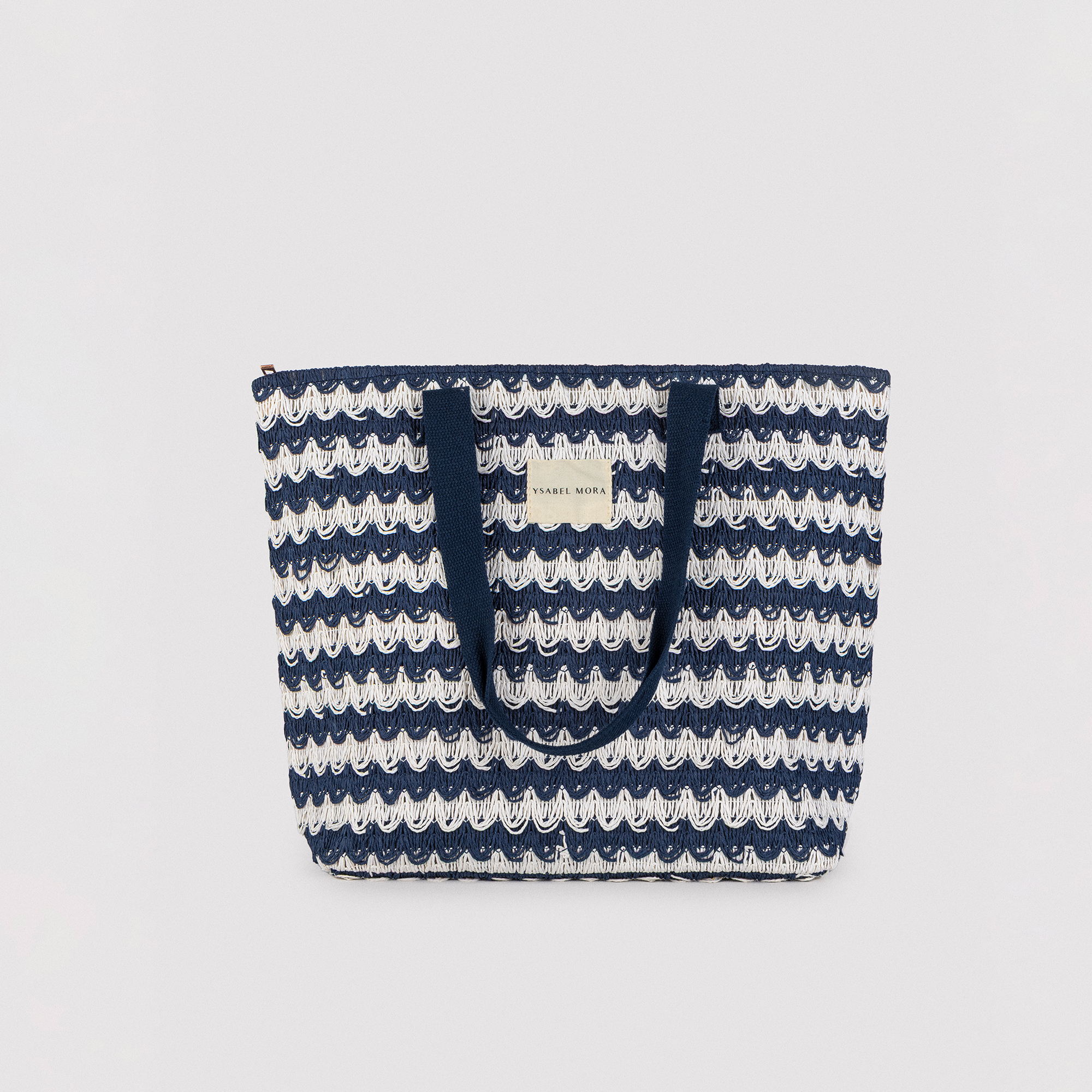 Ysabel Mora - Bolso de playa de rafia blanco y marino