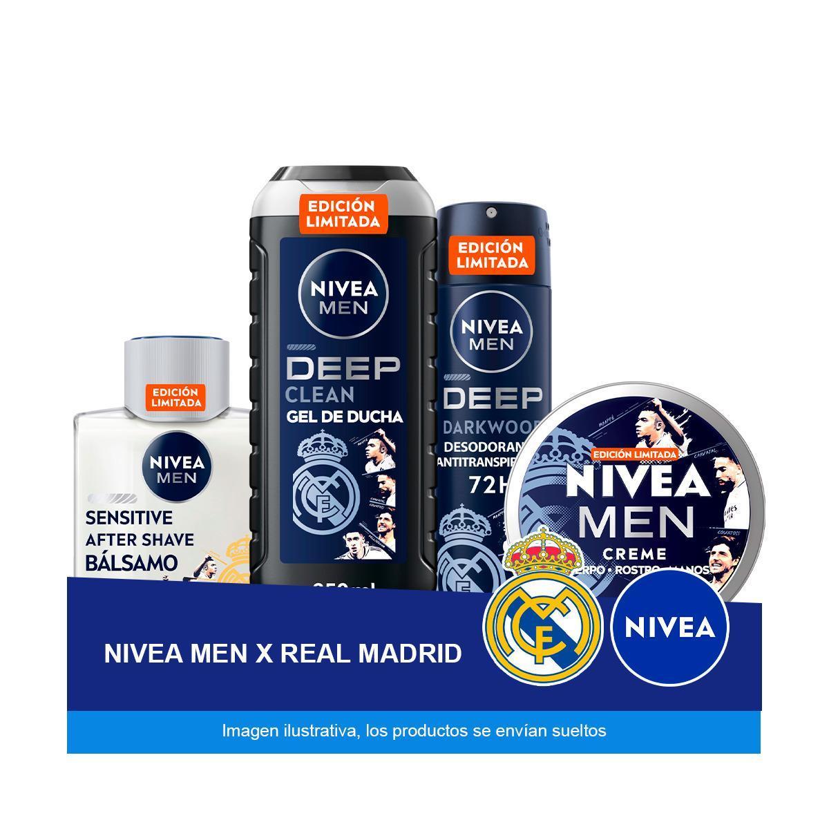NIVEA MEN x REAL MADRID Edición limitada - Contiene Desodorante Deep Darkwood 150ml + Gel de ducha Deep 500ml + After Shave Sensitive 100ml + Nivea Men Creme 150ml