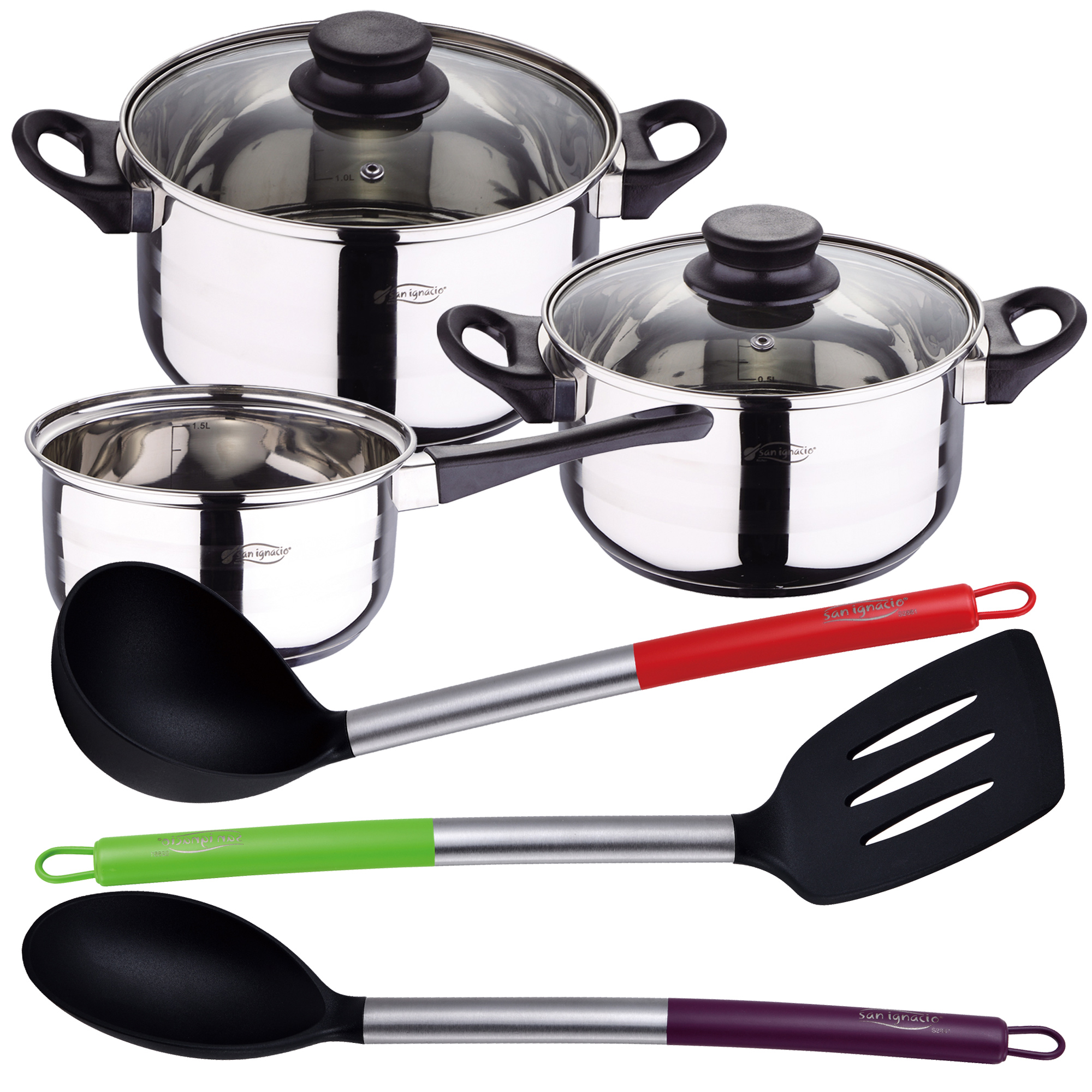 San Ignacio Batería de Cocina 5 Piezas Acero Inoxidable con Set 3  Utensilios de Silicona Y Madera