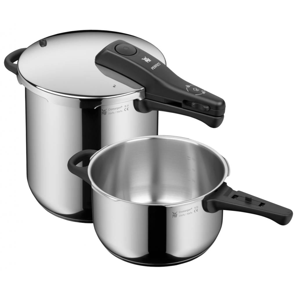 Conjunto de Olla Rápida WMF Perfect 8,5 L + 4,5 L – Alta Capacidad, Acero Inoxidable Cromargan 18/10, Apta para Inducción, Seguridad Premium, Tecnología Avanzada