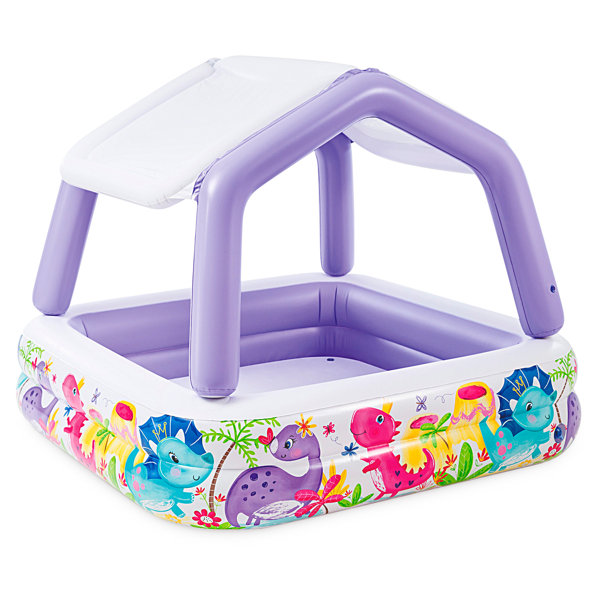 INTEX - Piscina infantil hinchable con toldo desmontable, 157x157x122 cm, capacidad 295 litros, diseño acuático colorido, tapón de desagüe, uso exterior, juego acuático, jardín, verano, niños +2 años, vinilo resistente, incluye parche de reparación