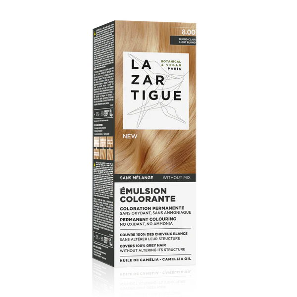 Lazartigue Emulsion Colorante Permanente Sin Amoníaco, Sin Oxidante con Aceite de Camelia 8.00 Rubio Claro