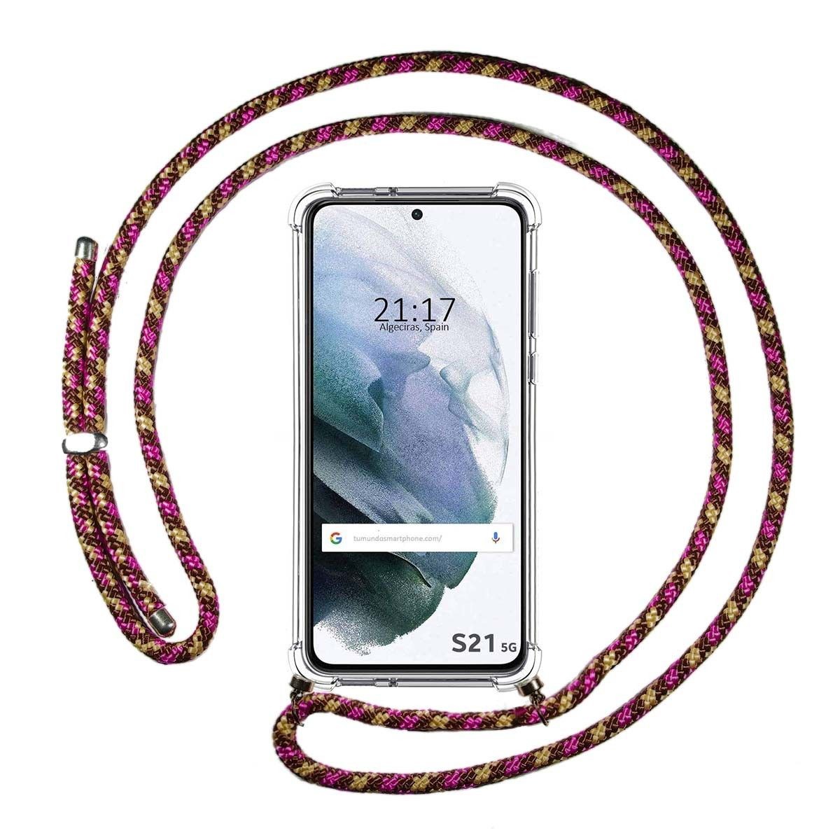 Tumundosmartphone Funda Colgante Transparente para Samsung Galaxy S21 5G con Cordon Rosa / Dorado