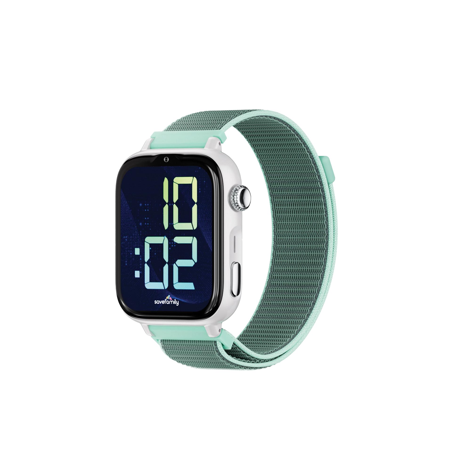 SaveFamily SaveWatch Plus 2 Reloj Inteligente Niño con Localizador GPS, Inteligencia Artificial, IA, Llamada, Vídeo, Whatsapp, Spotify, App Store Carcasa Blanca y Correa Tela Color Ocean SmartWatch Save Watch NO INCLUYE SIM