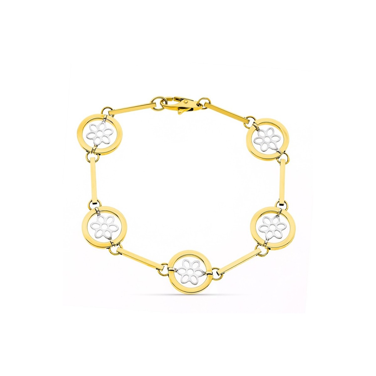 Pulsera oro bicolor 18k mujer 19 cm. barras círculos calados combinados flores mosquetón