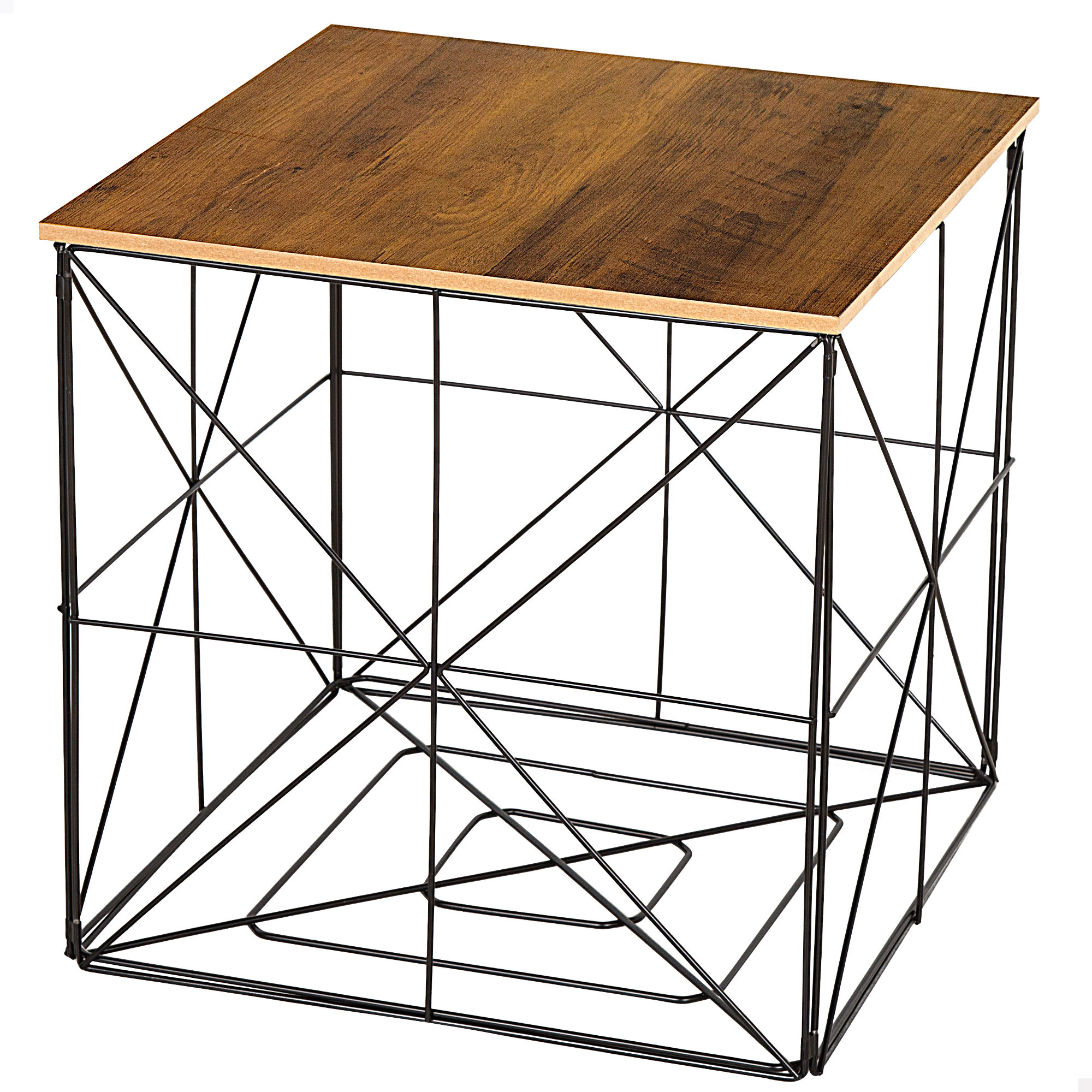Max Home - Mesa auxiliar cuadrada, tapa efecto madera, almacenaje, estructura metálica negra, líneas geométricas, estilo industrial, decoración, para salón, dormitorio, baño