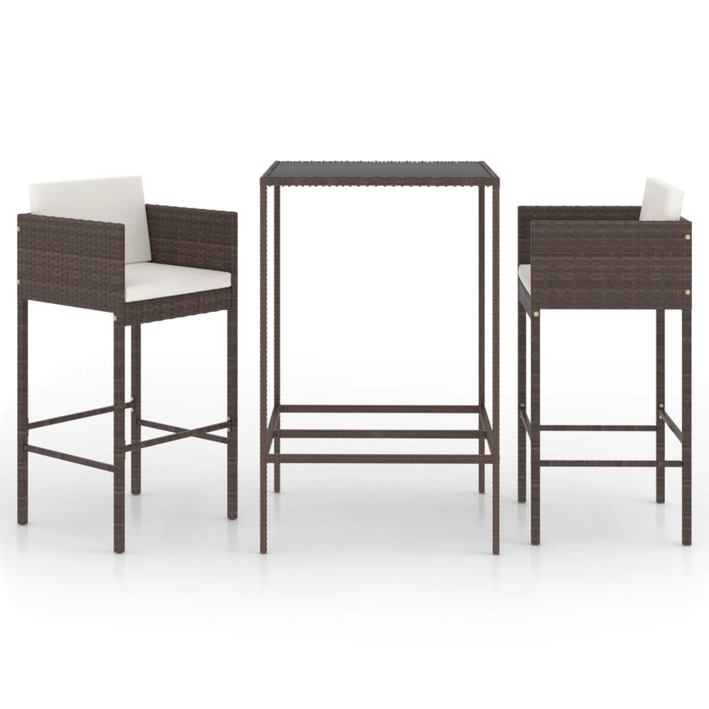 vidaXL Set de bar de jardín 3 piezas y cojines ratán sintético marrón