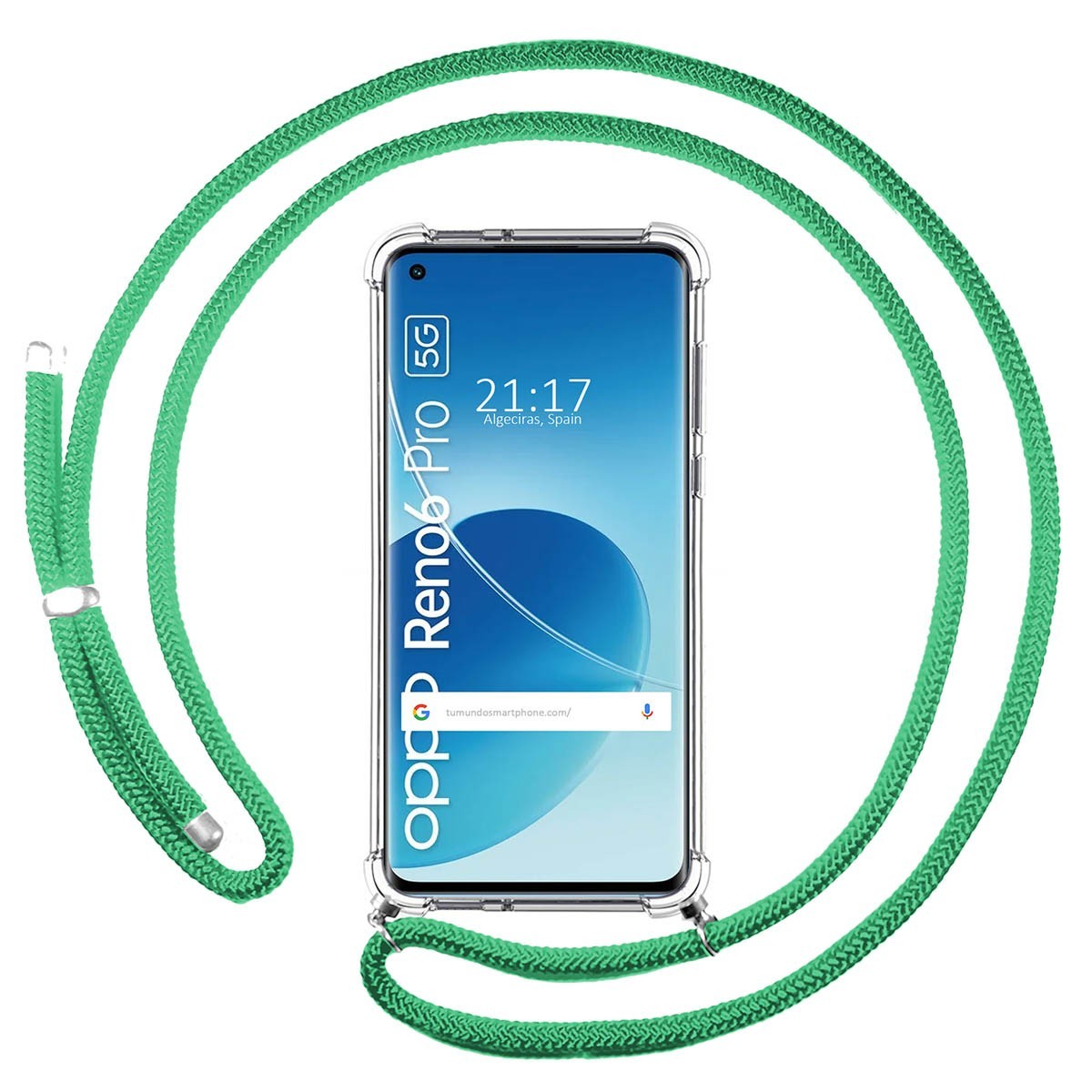Funda Colgante Transparente para Oppo Reno 6 Pro 5G con Cordon Verde Agua